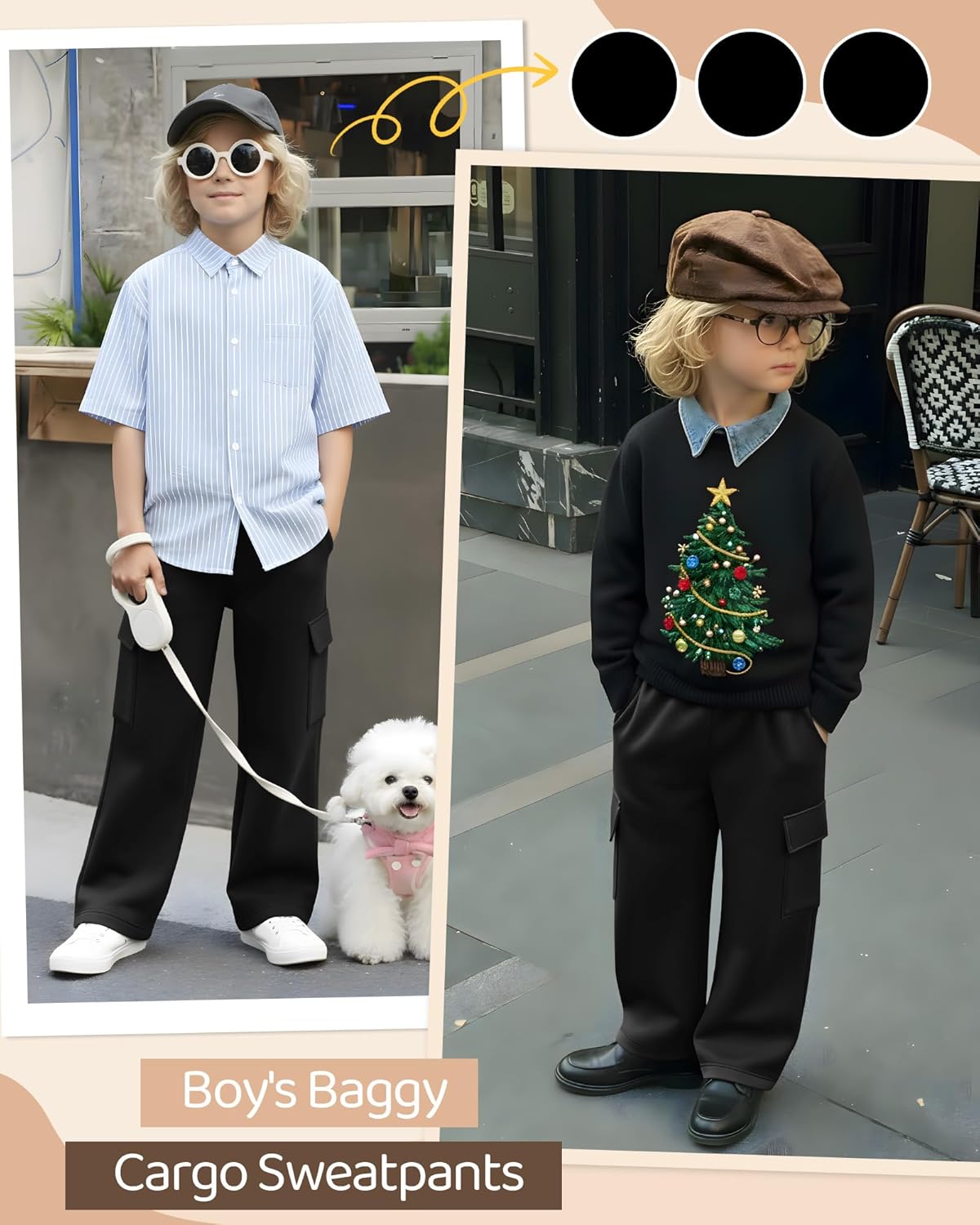 3 Pack Boys' Sweatpants Wide Leg Baggy Cargo Pants with 4 Pockets Kids Elastic Waist Straight Loose Joggers