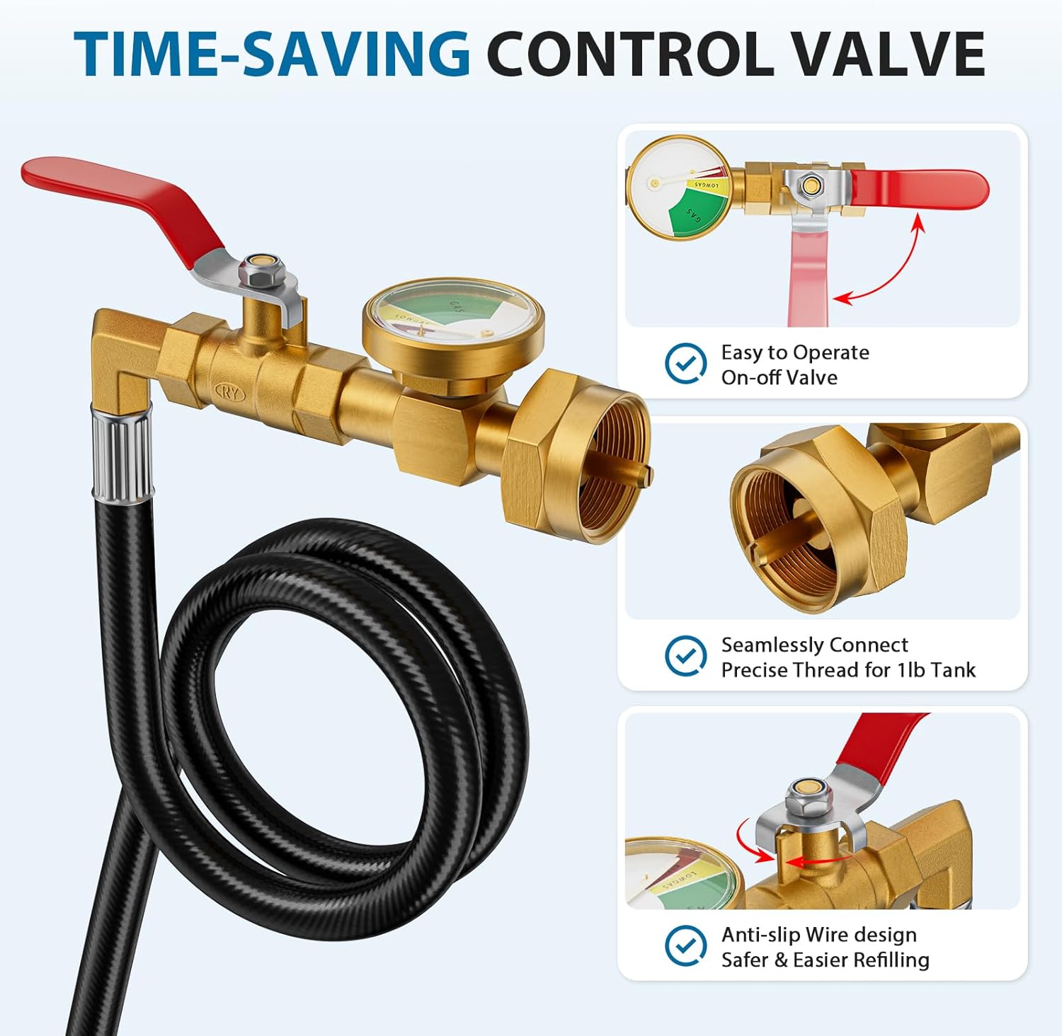 Propane Refill Adapter with Valve and Gauge, 3 FT Propane Tank Refill Adapter Hose with ON/Off Control Valve, Propane Refill Adapter for 1 lb. Tanks