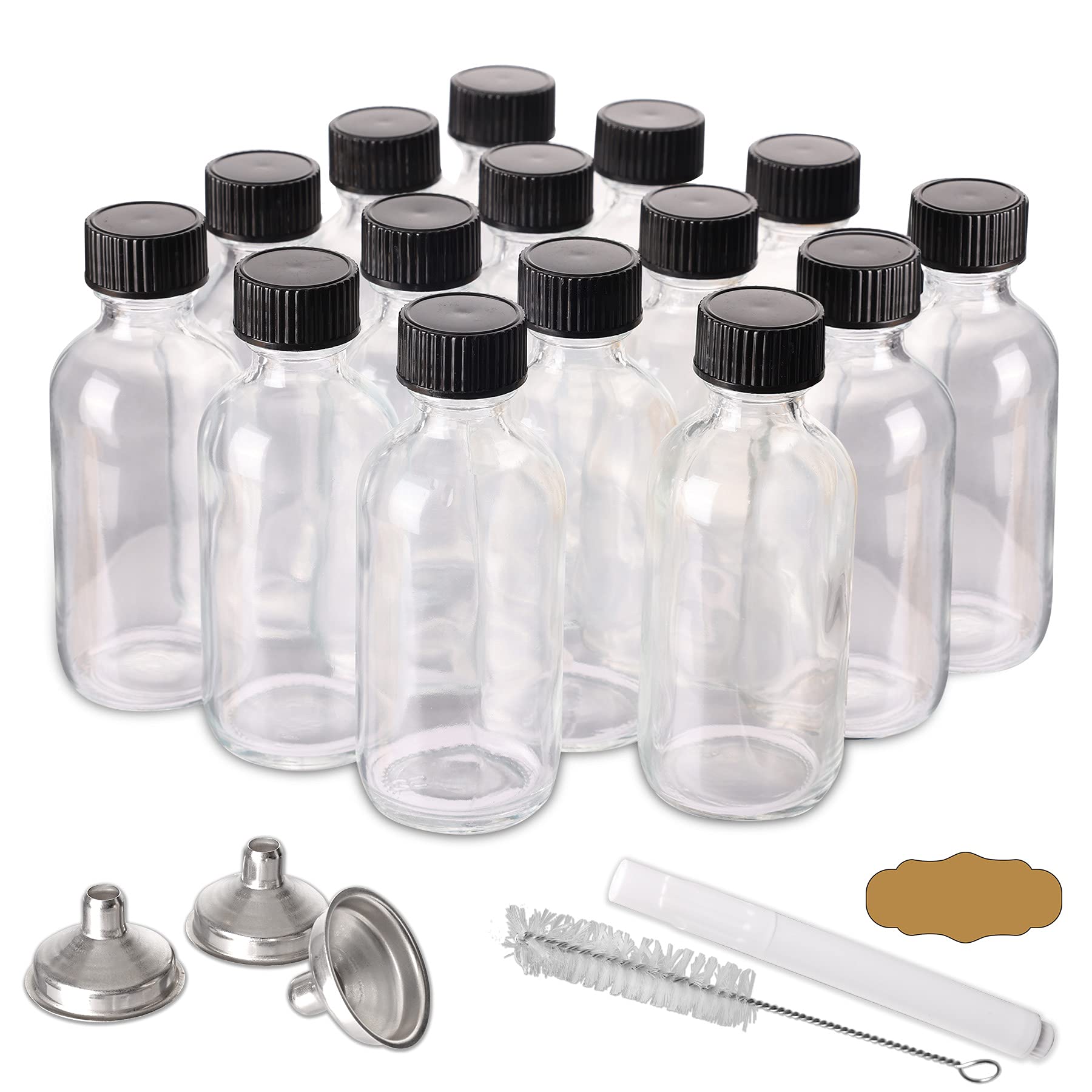 15 Pack, 2 oz Small Glass Bottles with Airtight Lids, 60 ml Empty Clear Sample Boston Bottle/Vials/Containers for Juice, Ginger Shots, Potion, Oils, Liquids - 30 Sticky Labels, Brush, 3Funnels