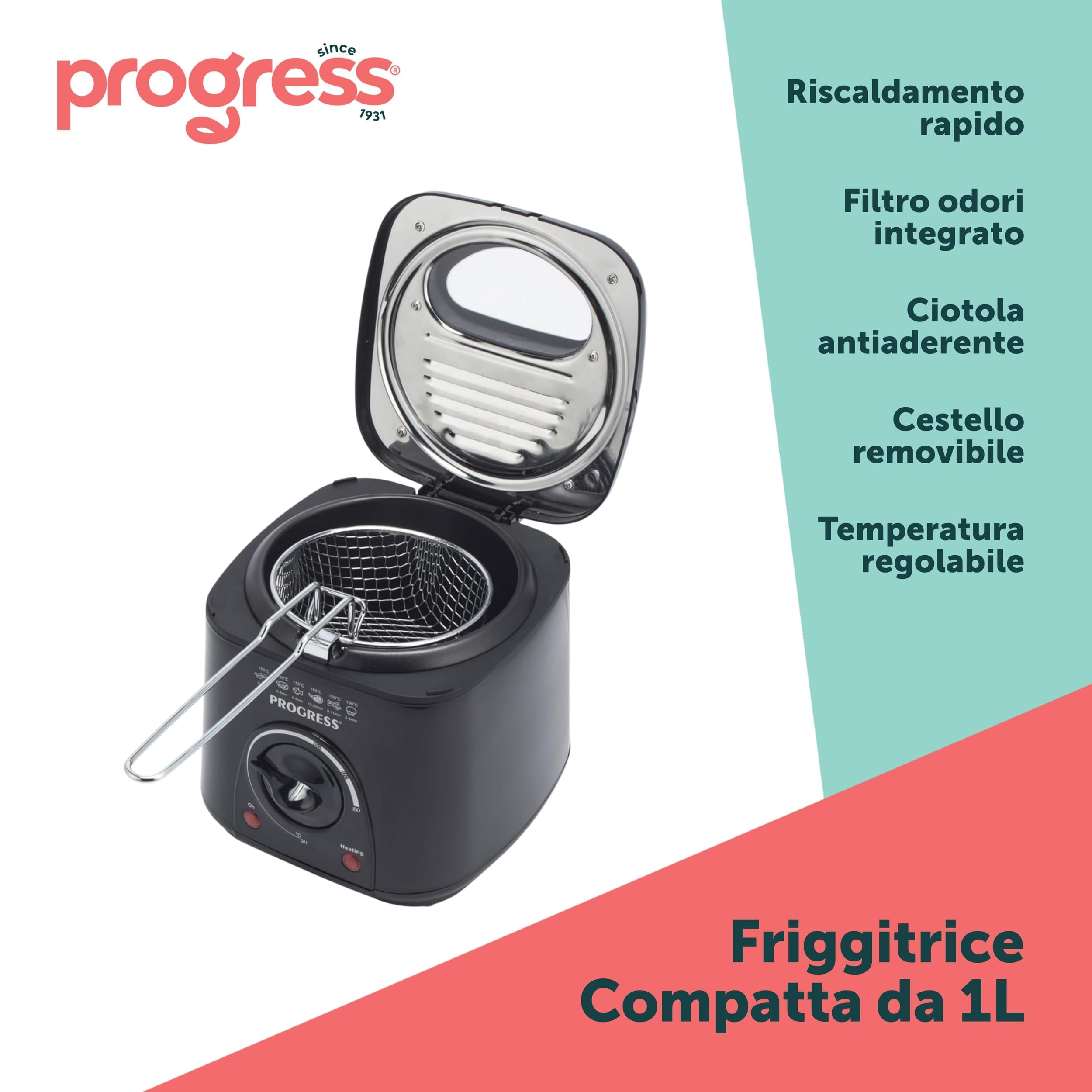 Progress EK2969PBLKVDE Friggitrice Compatta da 1L - Cestello di Cottura Antiaderente Rimovibile, Facile da Pulire, Antiscivolo, Controllo della Temperatura Regolabile, Filtro Riduttore di Odori, 950W