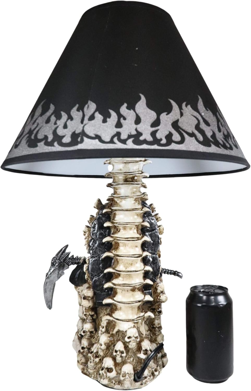 Ebros Gift Ghastly Wisdom Grim Reaper with Scythe Seated On Skulls and Skeleton Bones Throne of Justice Sculptural Desktop Table Lamp with Fabric Shade Ossuary Macabre Decorative Accent Light