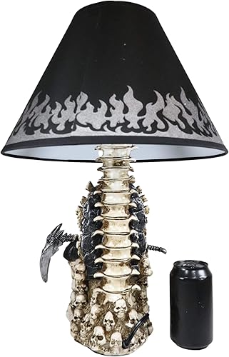 Miniatura 4 de Ebros Gift Ghastly Wisdom Grim Reaper con guadaña sentada en calaveras y huesos de esqueleto, lámpara de mesa escultórica de escritorio con pantalla