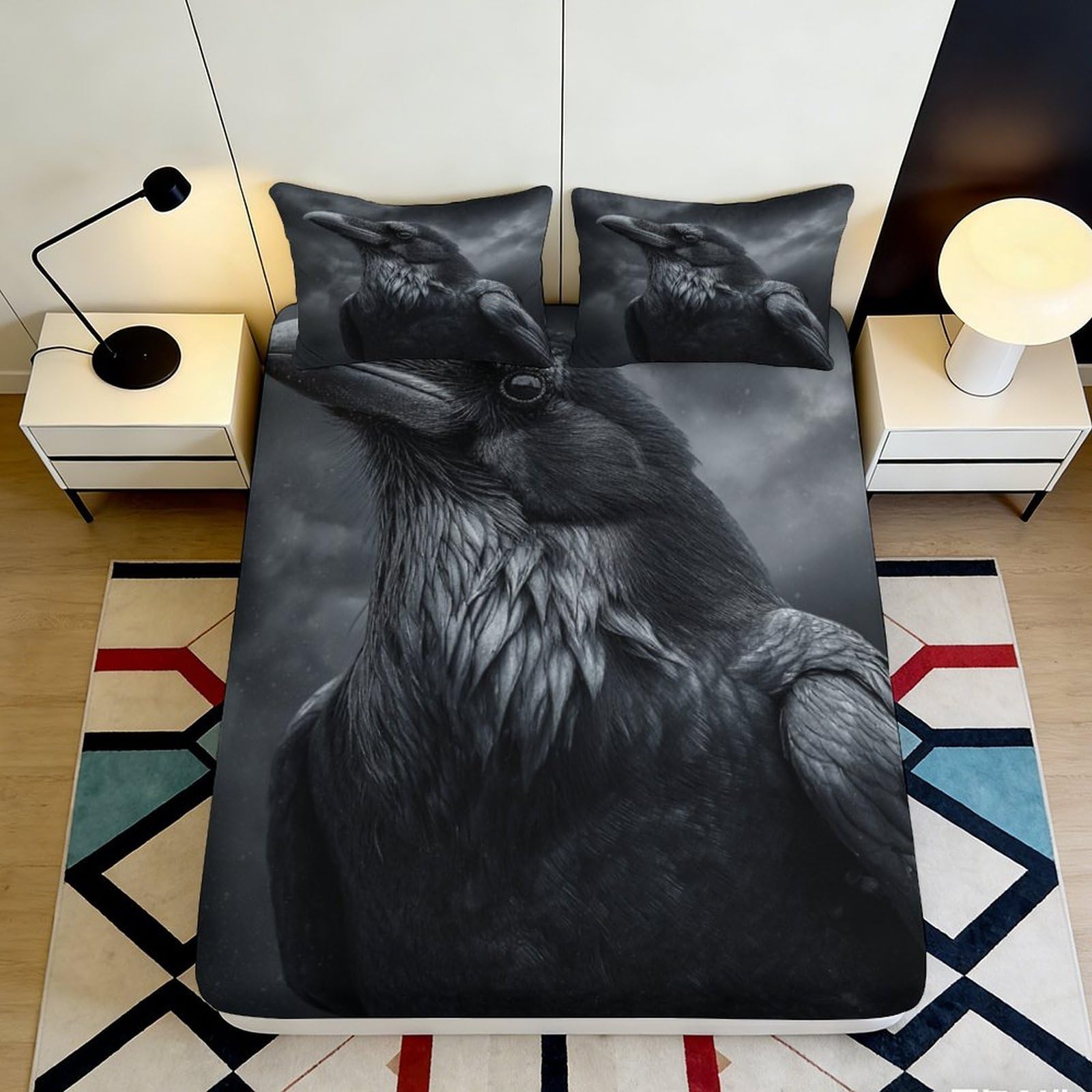 3D Printed wolf Fitted Sheet, soft touch Microfiber, wrinkle resistant, home decor piece, bed cover, guest room bedding, easy care, black 200x200x25cm
