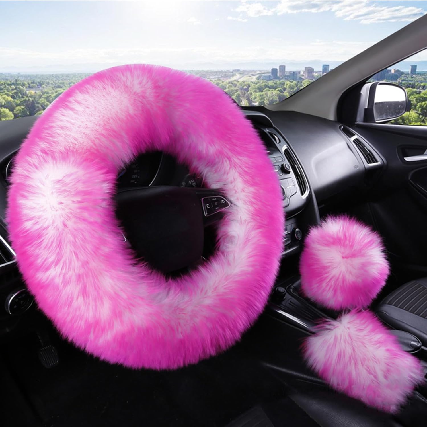 Car Steering Wheel Cover Gear Shift Handbrake Fluffy Cover for Women/Ladies Pure Wool Universal Fit 15 Inch 1 Set 3 Pcs (Rose)