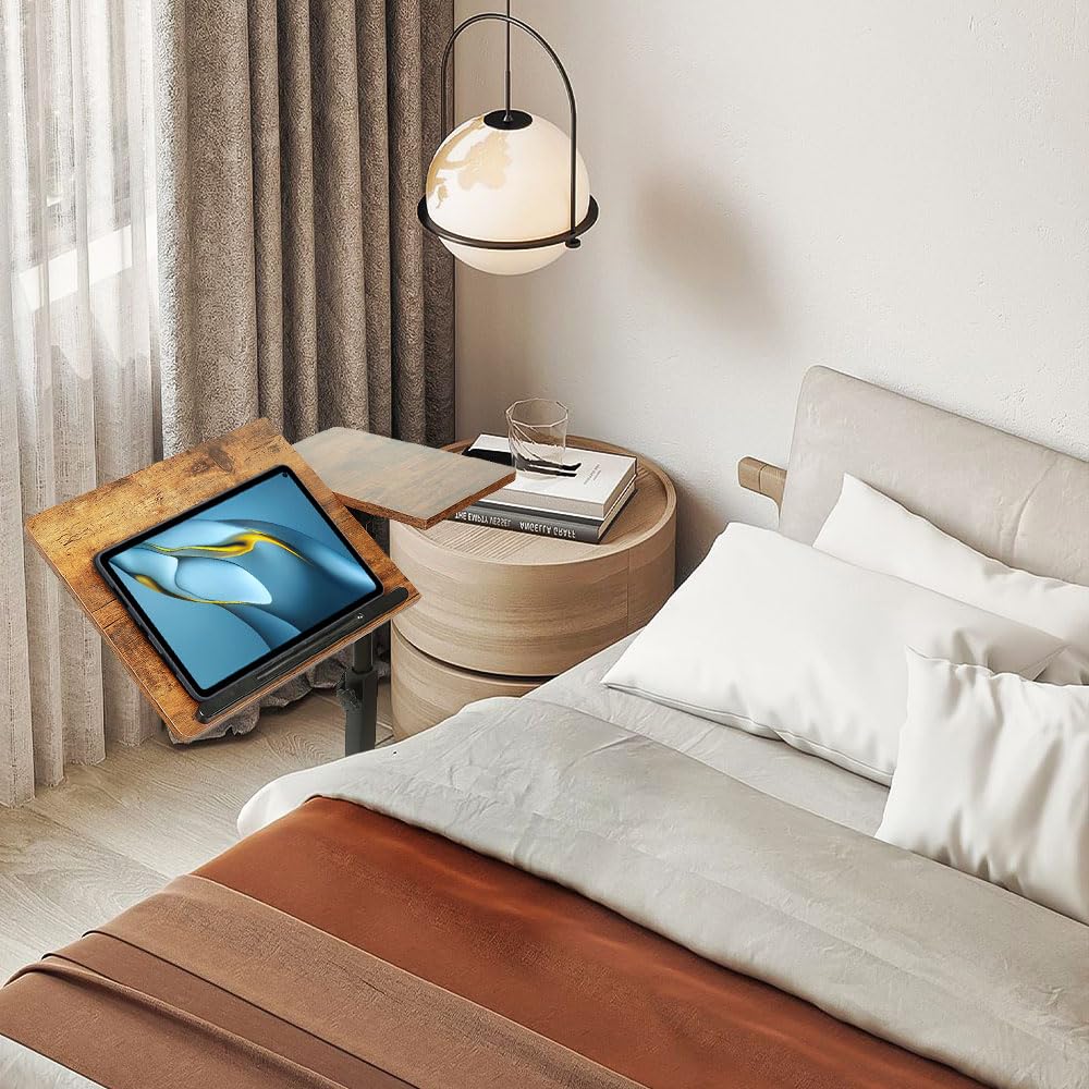 Bedtafel voor Laptop, Kantoor Tafel, in Hoogte Verstelbaar, 5 Wielen, Afsluitbaar, Opvouwbaar, Hout, PC, Zwart, Metaal (Houtkleur, 60 x 34,5 x 58 - 90 cm