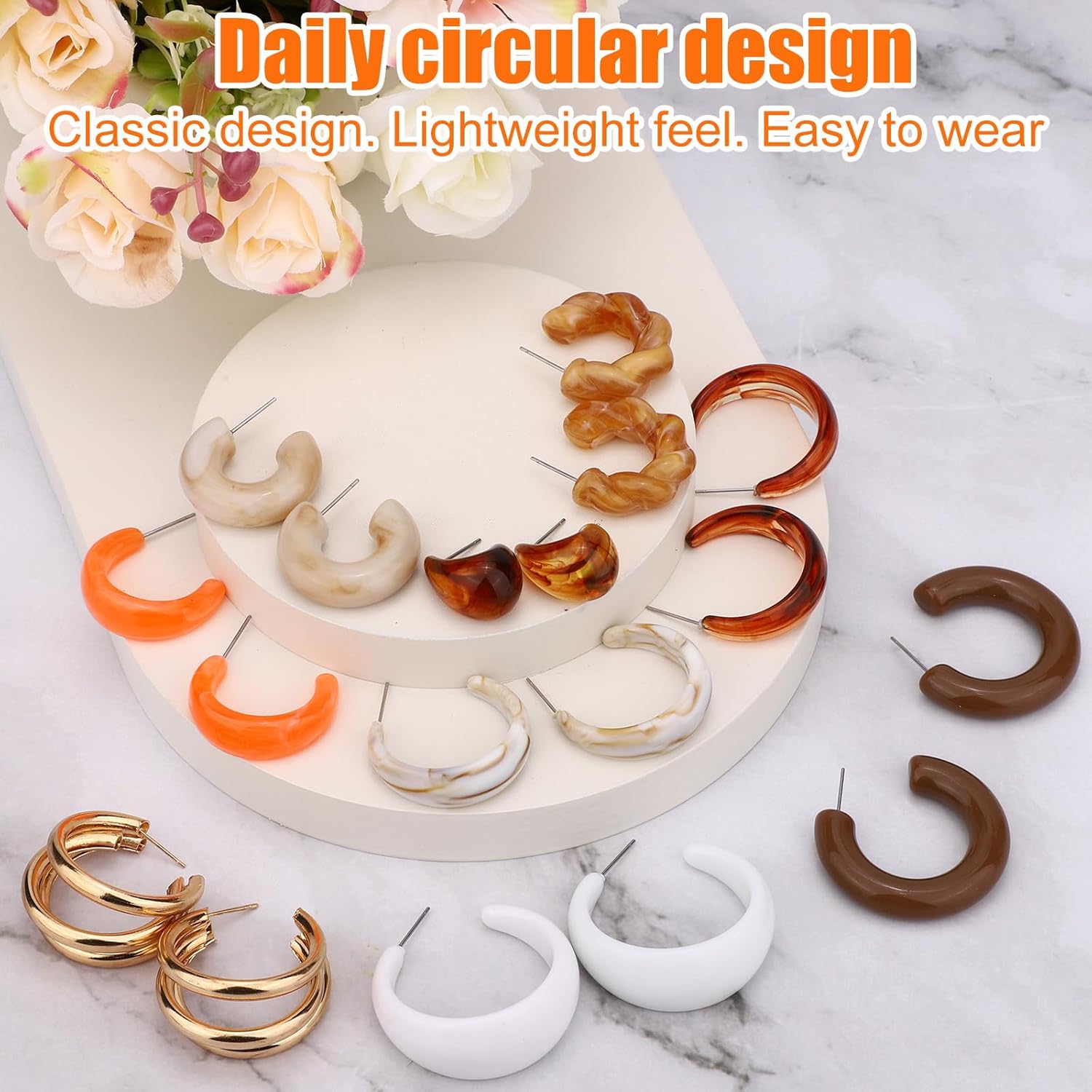 9 Pairs Acrylic Vintage Earrings for Women, Lightweight Minimalist Hollow Hoop Resin Metal Earrings Set Fashion Decor & Jewelry Gifts - Image 3