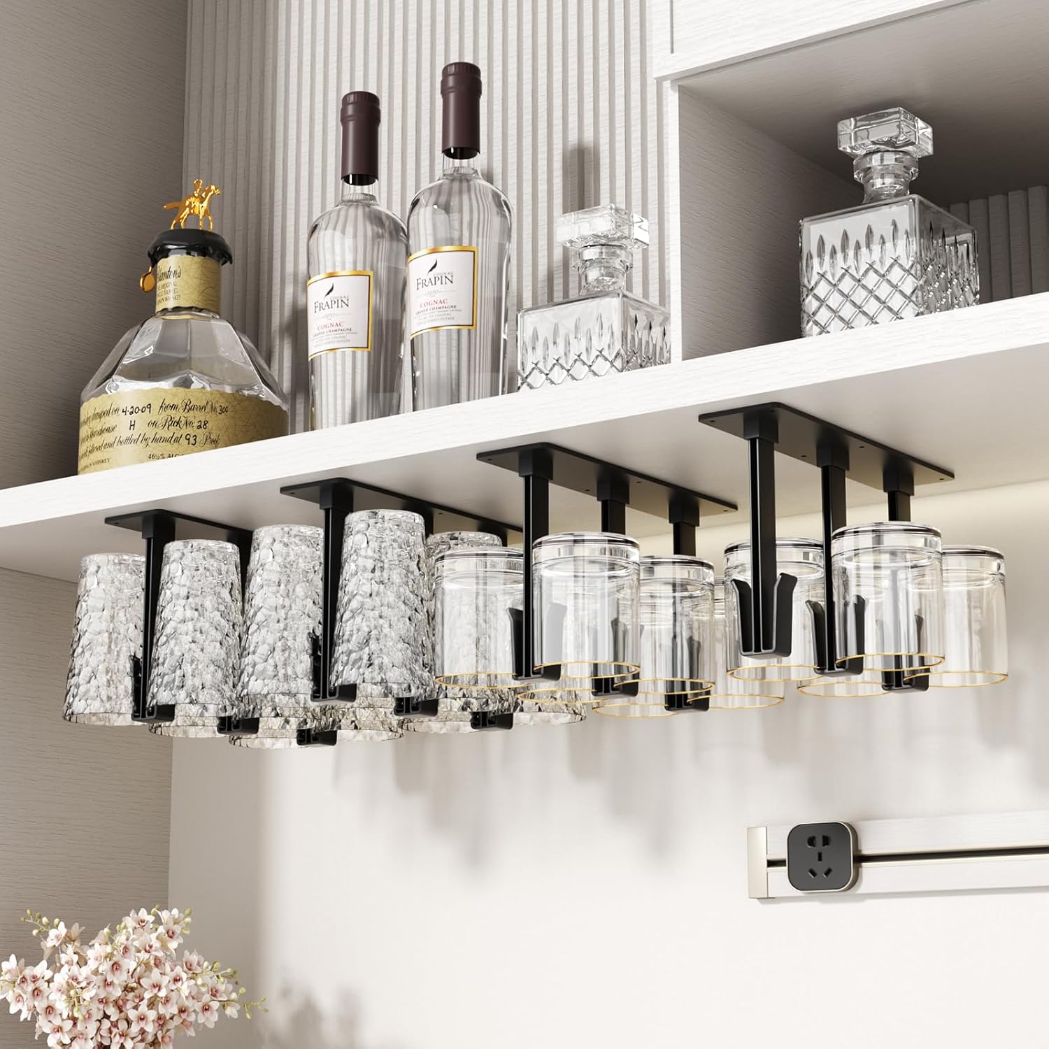 Cup Holder, 4 Pack Wine Glass Holder, No Drilling Installation Wine Glass Rack for Dining Room, Kitchen and Bar Daily Use (Classic Black)