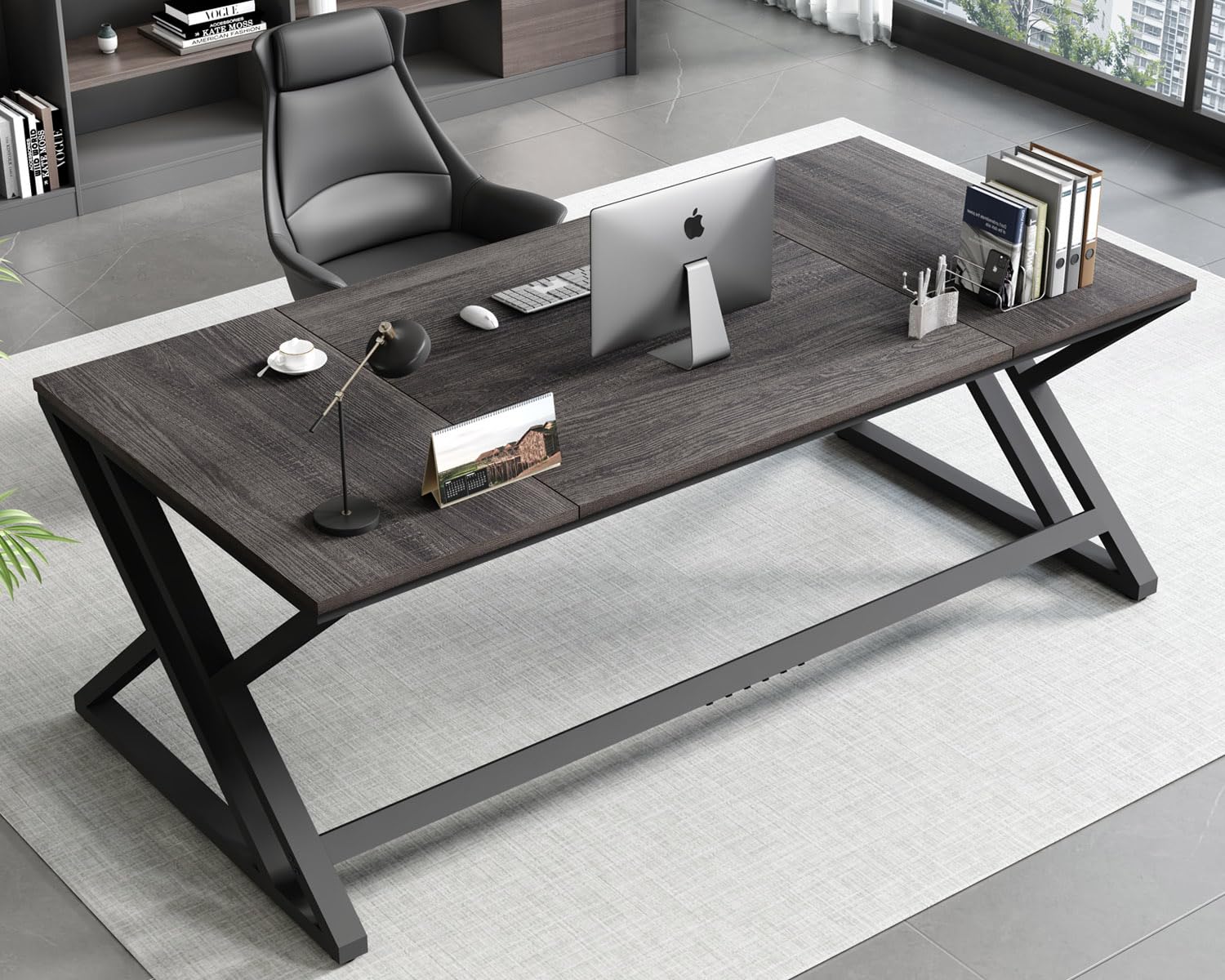 HSH Large Rustic Computer Desk, Industrial Extra Long Home Office Desk, Modern Pc Study Gaming Writing Table for Two Person, Workstation Executive Desk for Home Bedroom Living Room, Dark Gray, 70 Inch