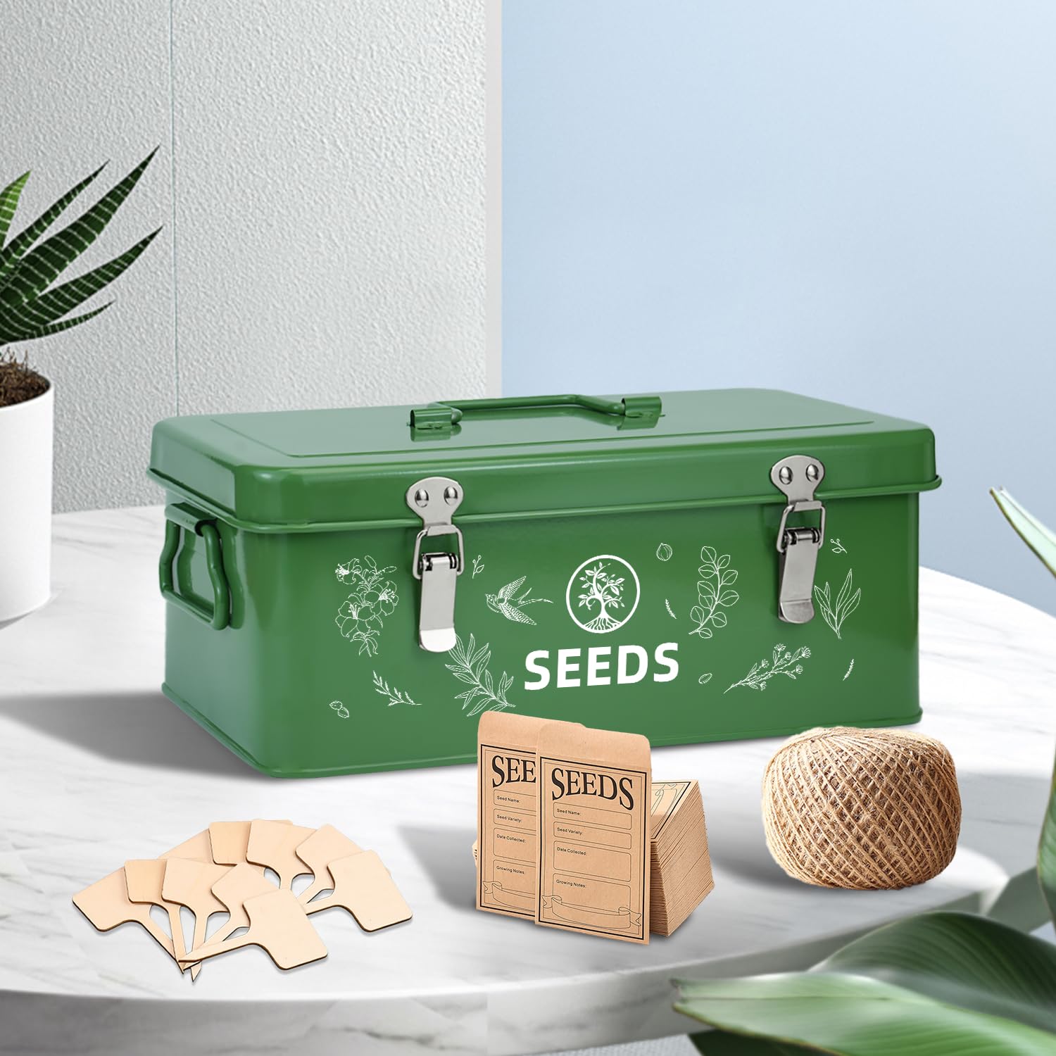 Aufbewahrungsbox für Samen – Garten-Organizer mit Schnur, 30 Umschläge und Etiketten aus Bambus – 4 Fächer mit Sicherheitsschlössern – Dunkelgrün