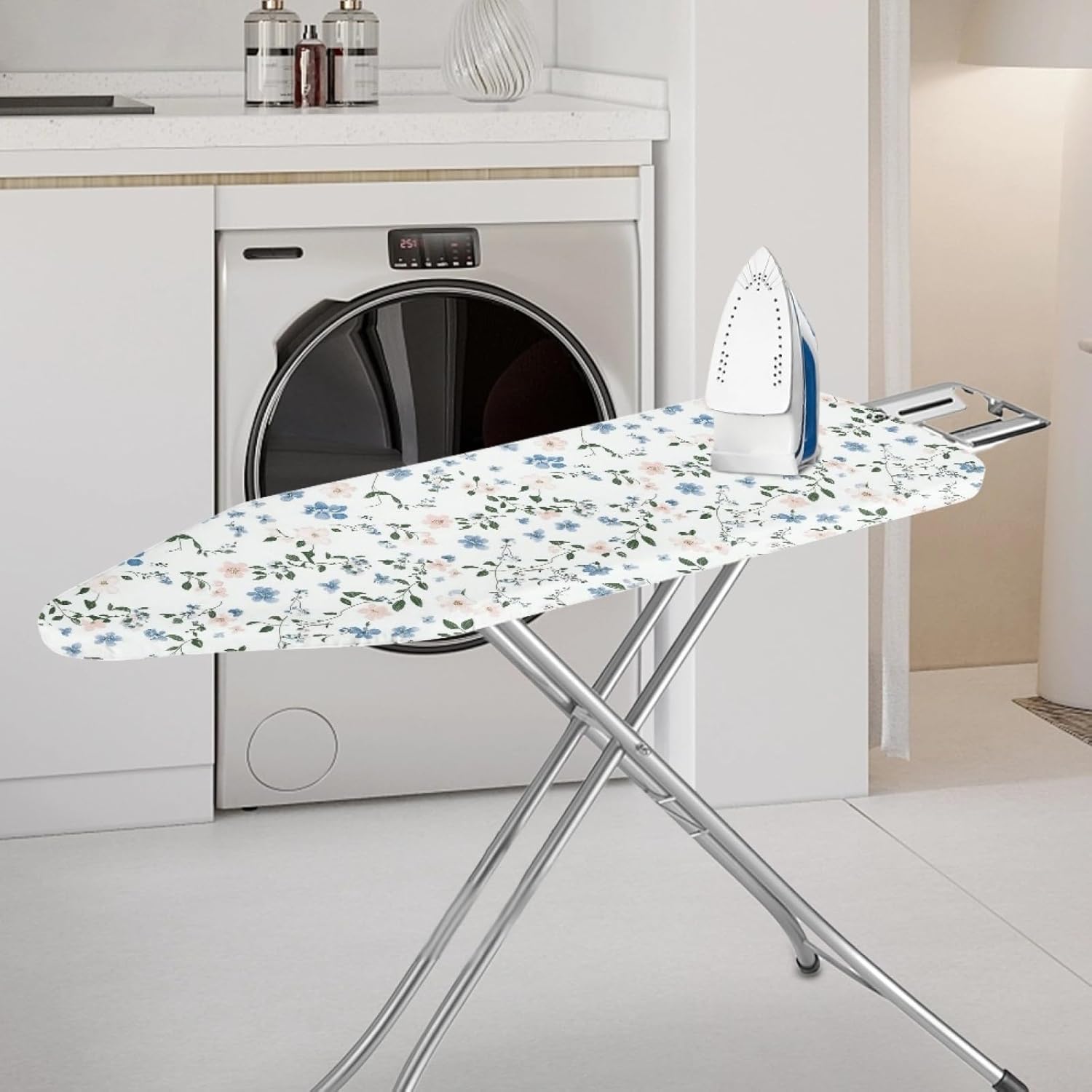 Iron Board Cover with Padding Standard Size Light Blue Pink Leaf Padded Ironing Board Covers 15x54 Heat Reflective Extra Thick Wide Non Stick Scorch and Stain Resistant Heatproof