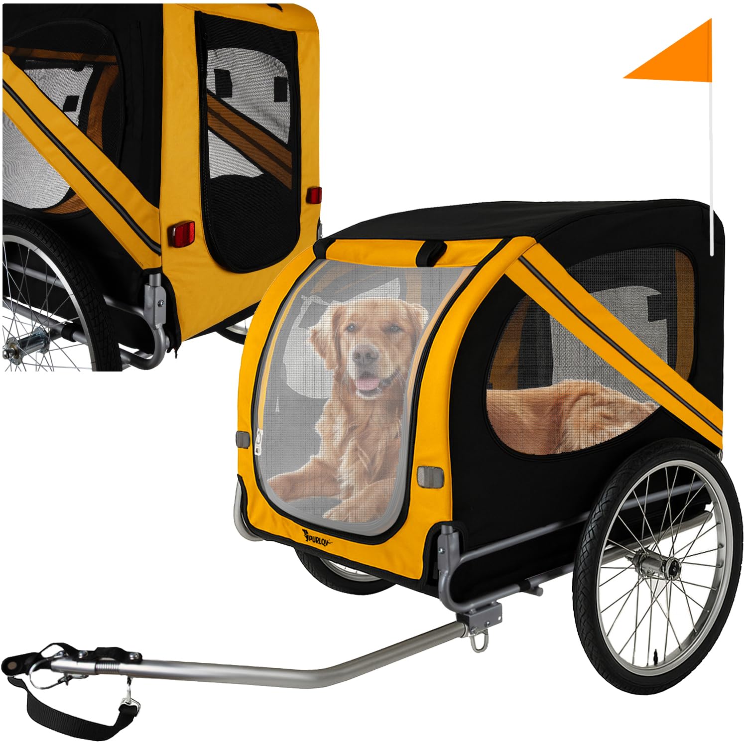 Purlov Remorque de vélo pour chien jusqu'à 40 kg, avec ceinture de sécurité, moustiquaire, housse de pluie, pneus 20" et cadre en acier