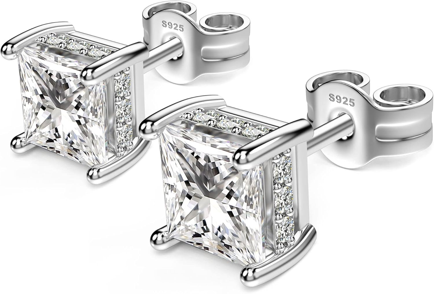 18K White Gold Plated Sterling Silver Princess Cut Cubic Zirconia Stud Earrings Square Simulated Diamond CZ Stud Earrings for Women Men Hypoallergenic - Image 2