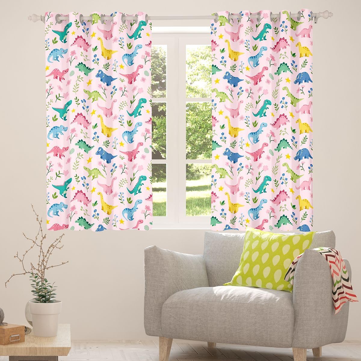 jejeloiu Cute Dinosaur Curtains for Bedroom Living Room Cartoon Dinosaur Blackout Darkening Drapes Cartoon Animal Window Treatments, 2 Panels 52 x 84 Inch Colorful Floral image 4