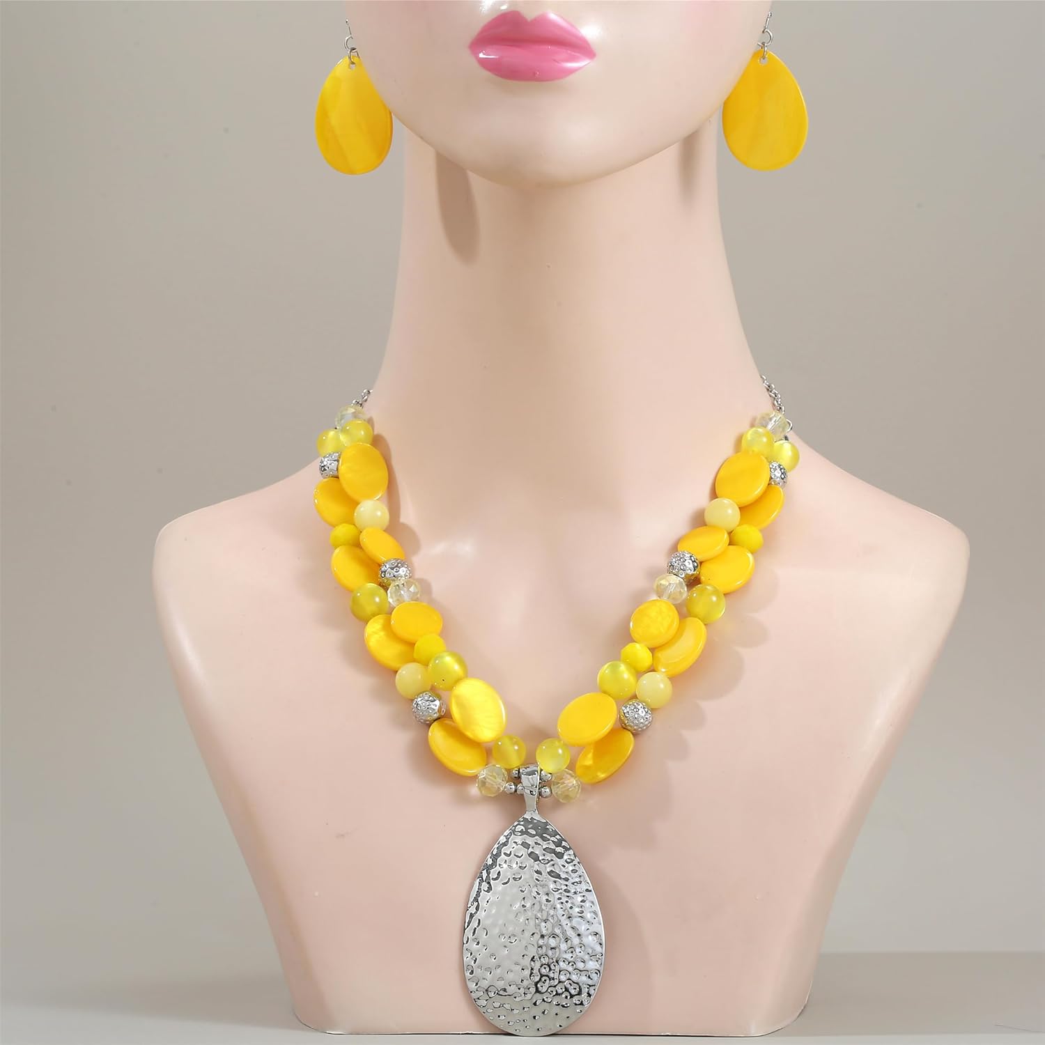 Gold/Silver 20''+3'' Teardrop Pendant Statement Necklace for women Trendy Colorful Crystal Shell Beaded Gemstone Necklaces and Earrings Set Womens Layered Boho Chunky Necklaces and Dainty Teardrop Earrings Jewelry Gifts - Image 3