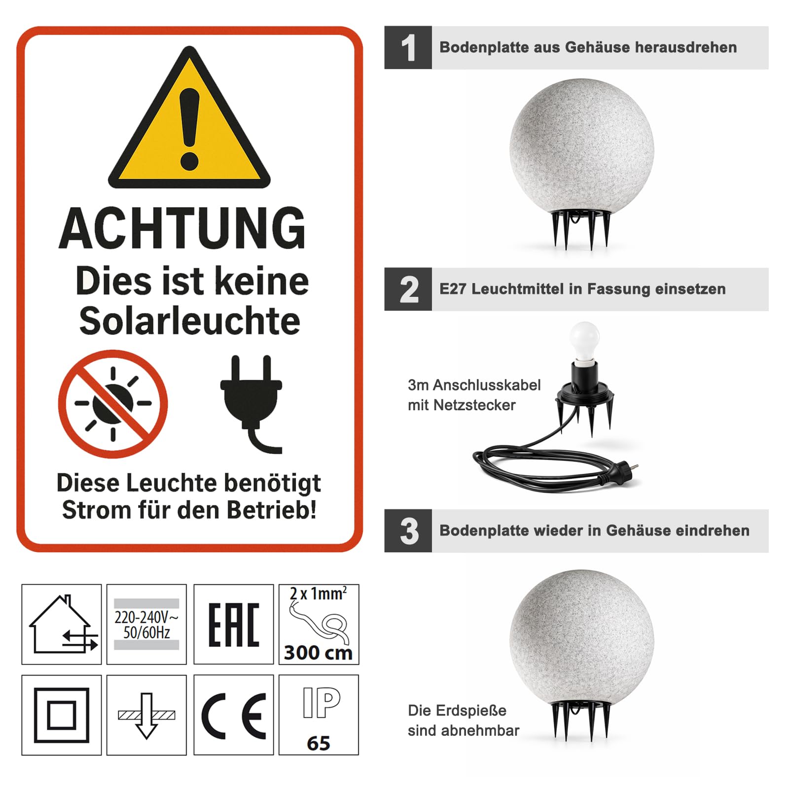 trendlights24 Stone IP65 Kugelleuchte für Garten - 3er Set 20+30+40 cm Kugel Außenleuchte Naturstein Optik E27 230V - mit LED 9W - Erdspieße - außen