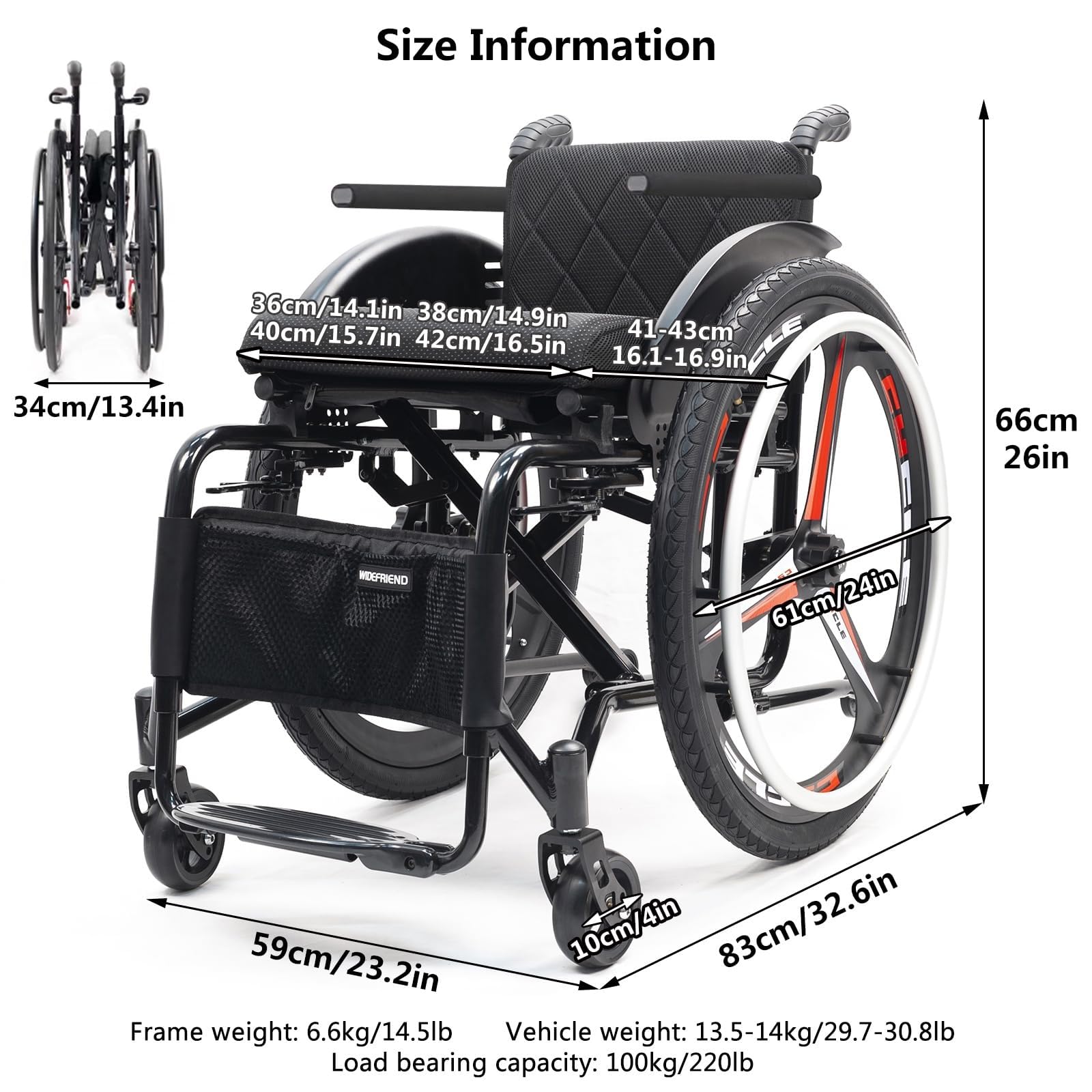 24-Zoll-Offroad-Reifen-Rollstuhl, Leichter Klapprollstuhl For Erwachsene, Rahmen Aus Aluminiumlegierung, Anti-Kipp-Räder, Handbremsen, For Reisen Im Freien(14.9in/38cm)