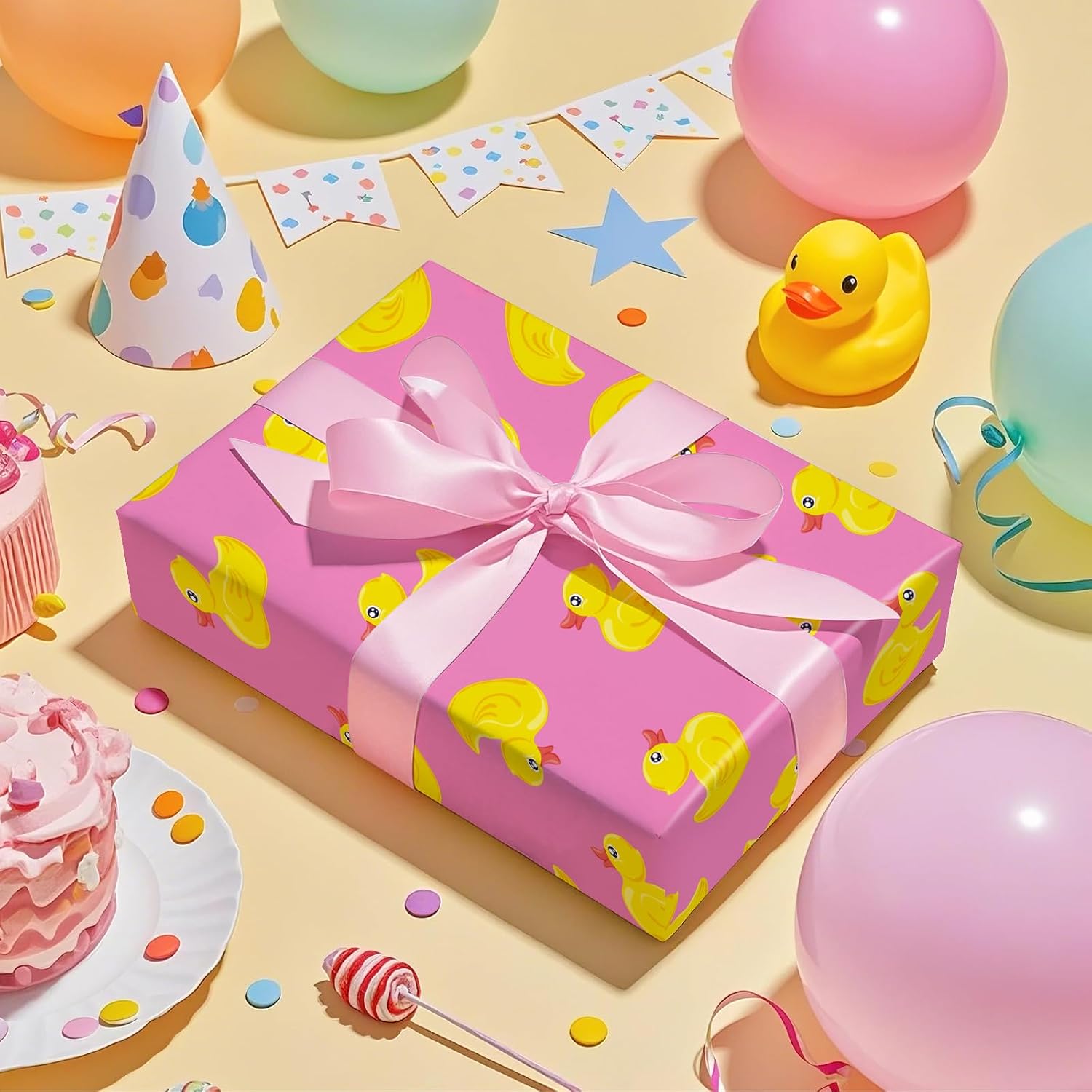 RUSPEPA Duck Wrapping Paper Roll for Kids, Mini Roll, Yellow Rubber Duck Pattern on Pink Background, Adorable Gift Wrap Paper for Baby Shower, Birthday, Summer-Theme Party, 17 Inches x 16.4 Feet