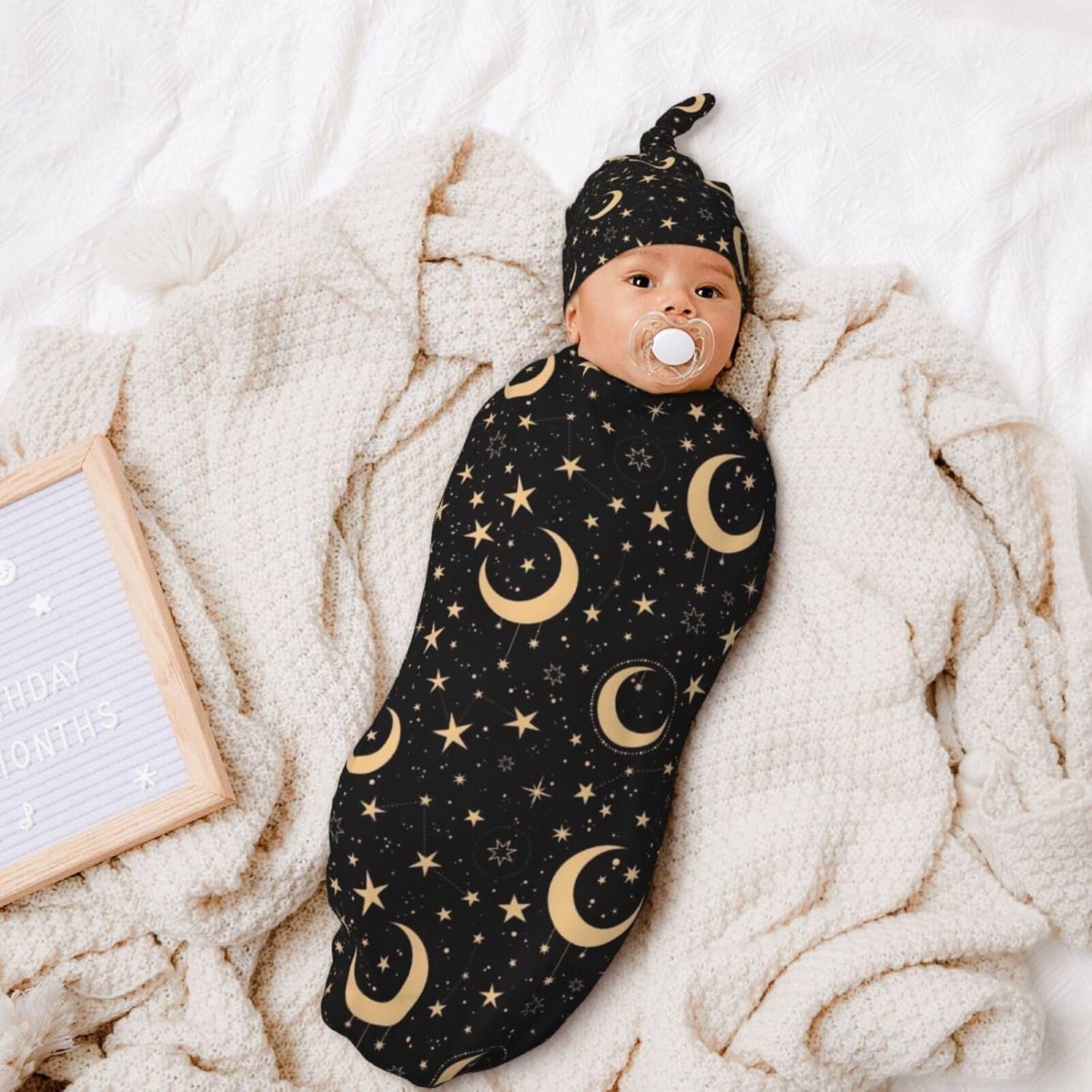 Moon and Star Black Baby Stuff Newborn Swaddle Blanket with Beanie Hat and Headband Set,Baby Swaddle Blanket Gifts for Infant Shower Boys Girls - Image 2