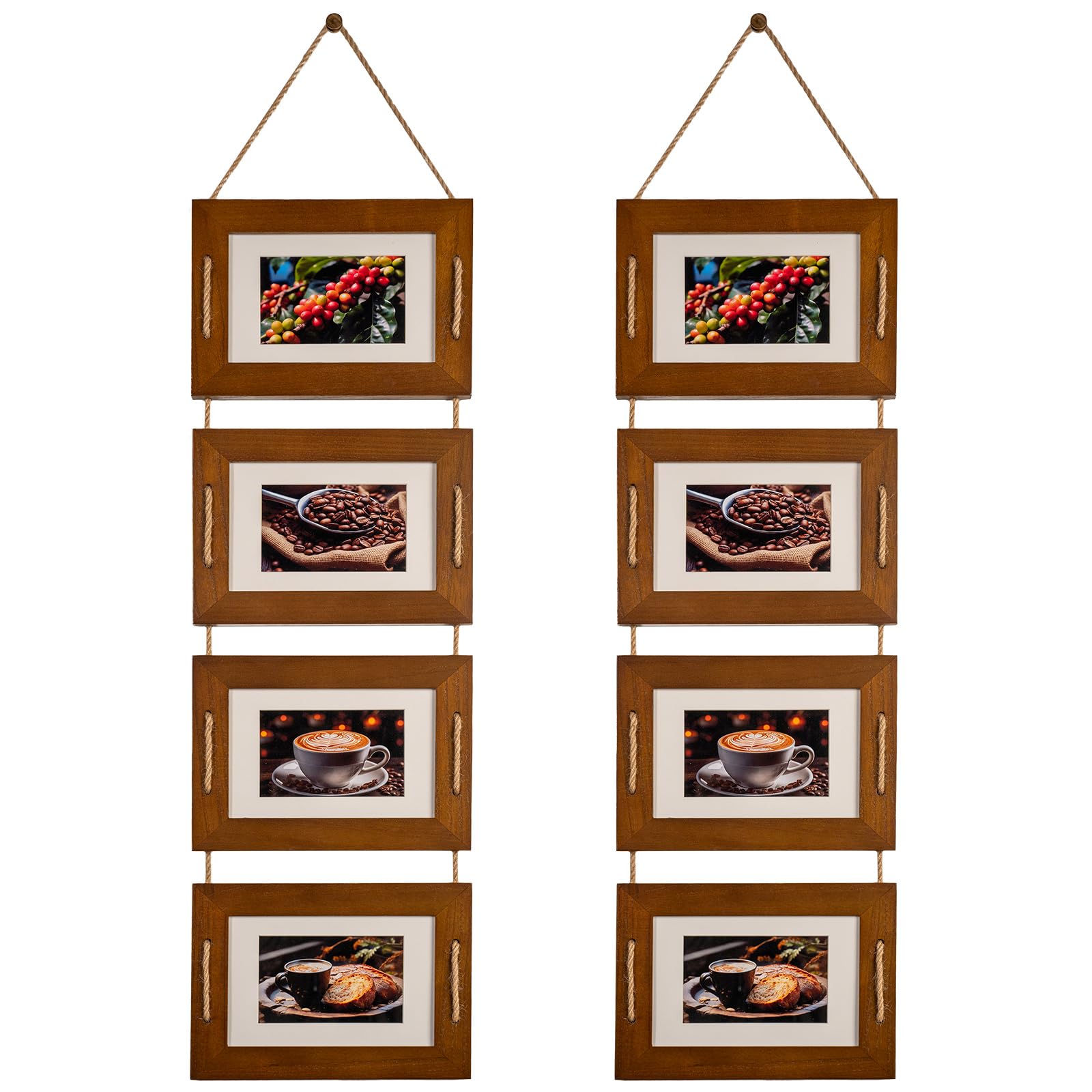 DLQuarts 5x7 Hanging Collage Picture Frames Wall Decor, 4-Opening 5x7 Matted to 3.5x5 Photo Rustic Wood Frame with Hemp Rope, 2 Pack, Dark Walnut
