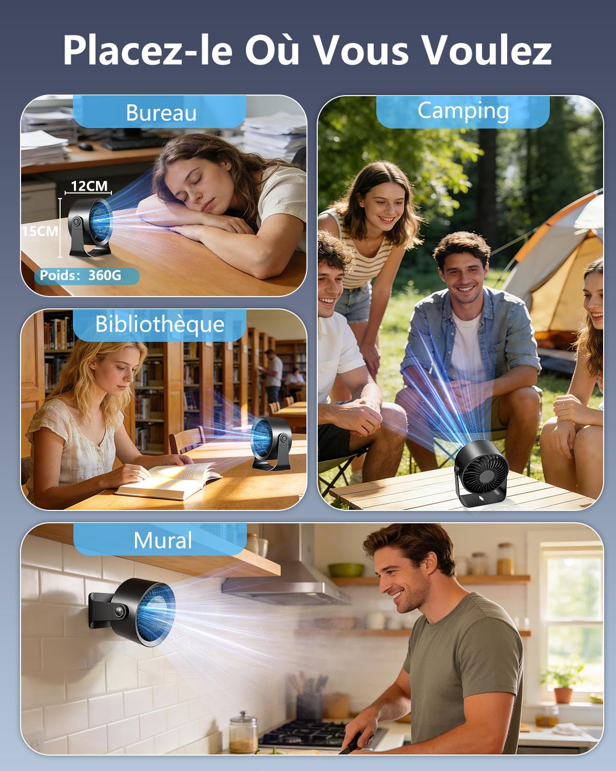 DDKJ Ventilateur Bureau Silencieux 20dB,100 Vitesses Réglables,360° Rotation du Flux d'Air, Affichage LED,Batterie 4000mAh Autonomie 3.5-13 Heures avec Fonctionne Branché pour Chambre Dortoir Cuisine