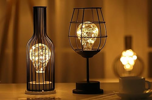 Miniatura 4 de Ulalaza Lámpara de mesa de alambre de metal negro, moderna, cesta de hierro, estilo jaula, luz nocturna, retro, mesita de noche, soporte de mesita