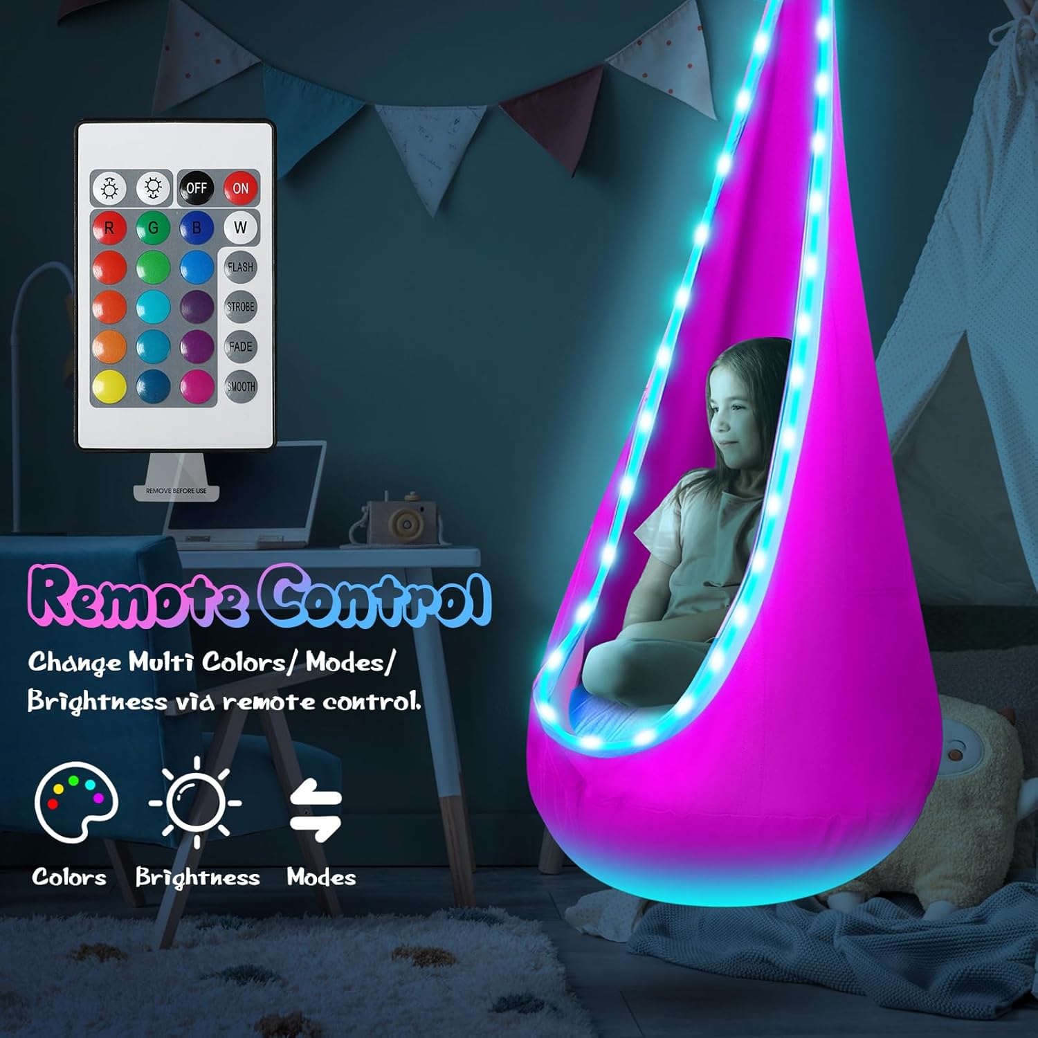 Light Up Kids Pod Swing Seat, Upgraded Kids Hanging Hammock Swing with LED Lights, Cotton Sensory Pod Swing Chair with Inflatable Pillow, Pod Swing for Kids Indoor & Outdoor (1 PCS) (Pink) - Image 2