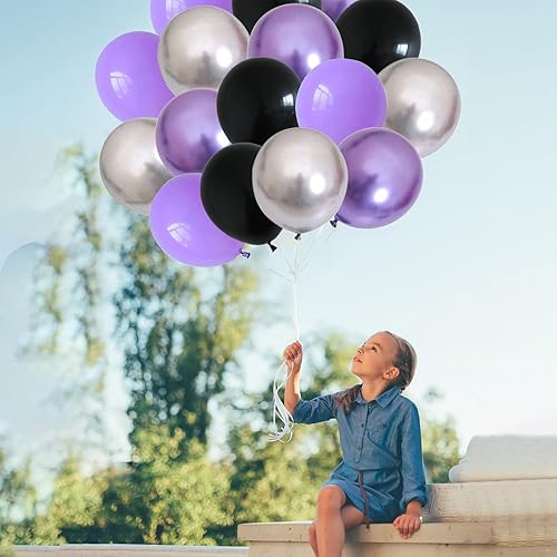 Miniatura 6 de Juego de globos morados, 60 piezas con globos plateados metálicos, globos morados oscuros y negros de 12 pulgadas para decoraciones de fiesta de