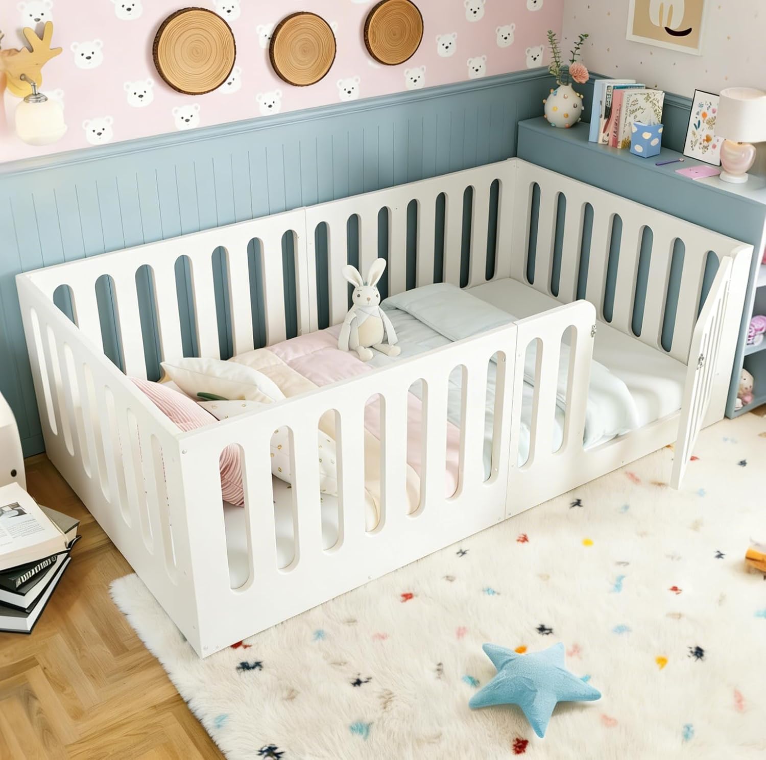 Bellemave Twin Floor Bed with High Rails and Door, Twin Size Wood Montessori Floor Bed Frame, Low-Profile Design, Easy Assemble, Multi-Functional Play & Sleep Space,White