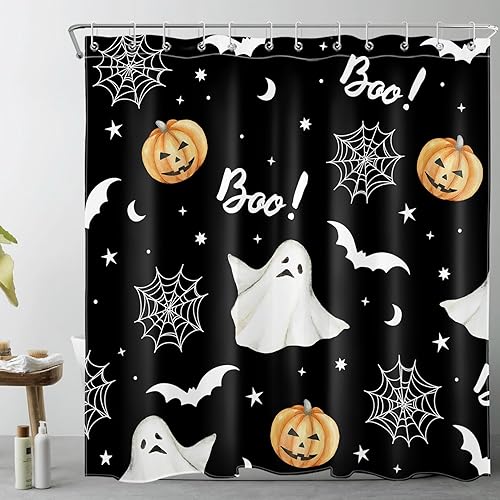 Cortina de ducha espeluznante de Halloween, terror, fantasma, murciélago, telaraña, cortina de ducha con ganchos, cortina de baño de noche de