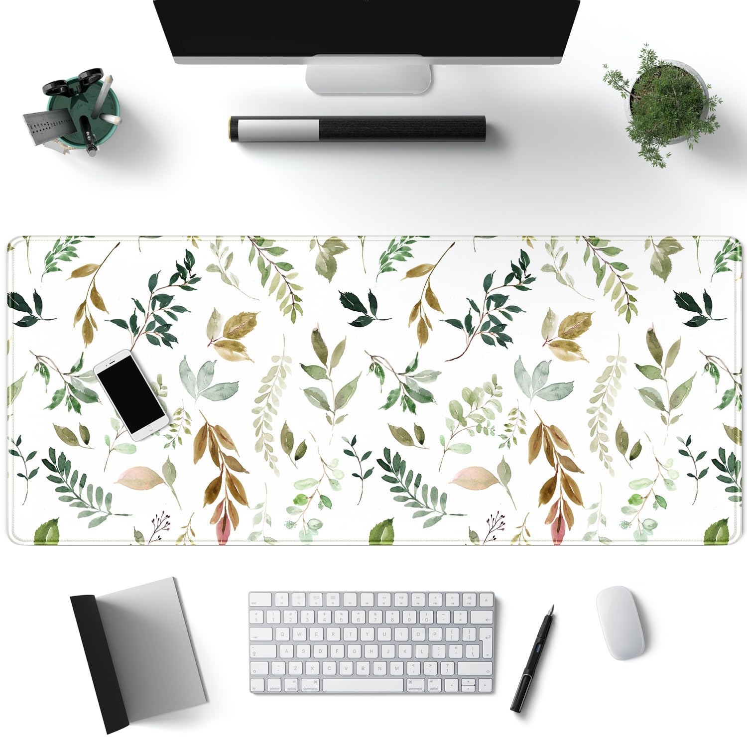 Cute Nature Dot Minimalist Green Keyboard Pad Woodsy Leaves Desk Mat XL Large Mouse Pad for Girl Nursery Office Desk Decor Pad with Stitched Edges 31.5x11.8in, Computer Laptop Pad Gaming Mousepad — image 1