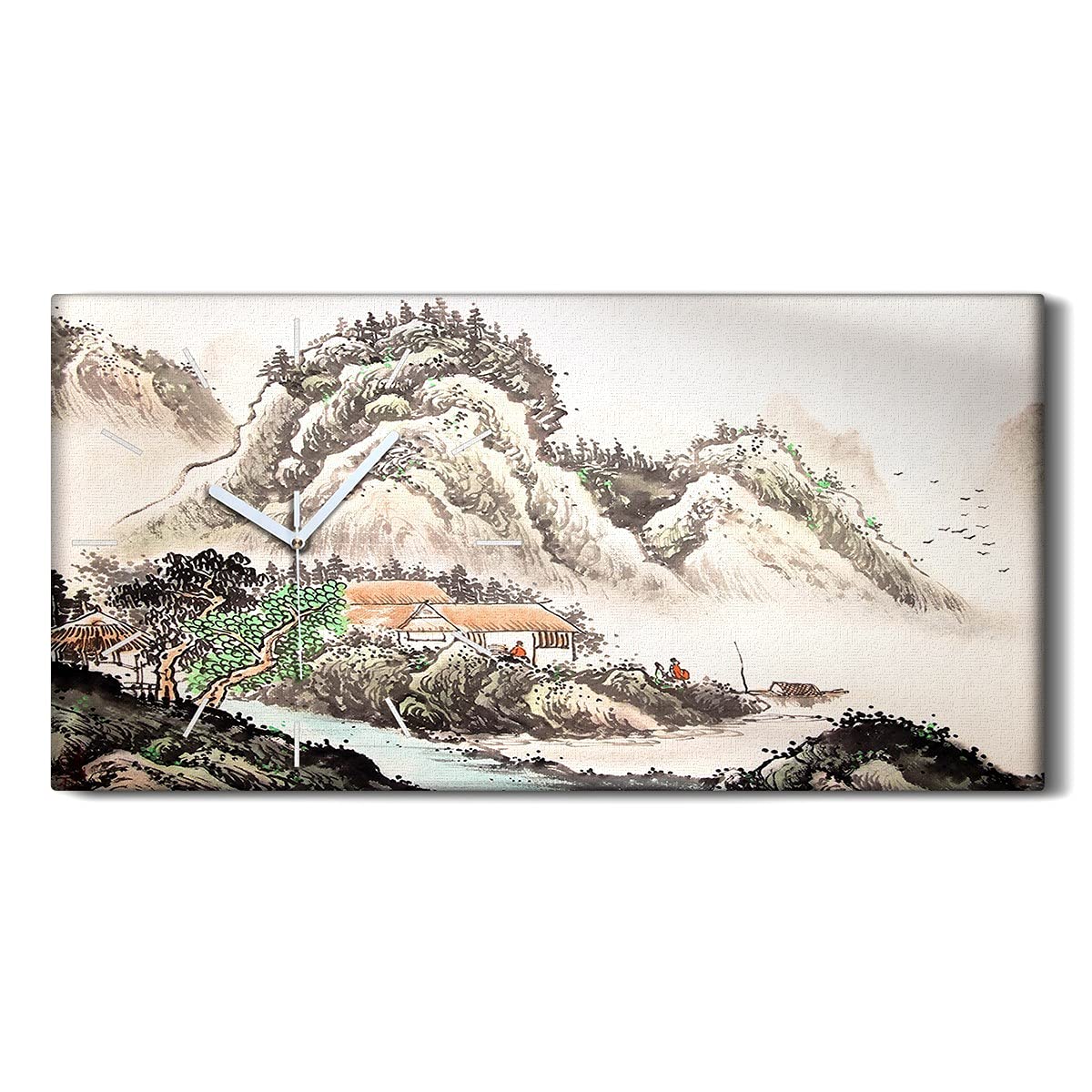 Horloge sur toile deco salon moderne sans tic tac peinture aquarelle paysage chinois 60x30
