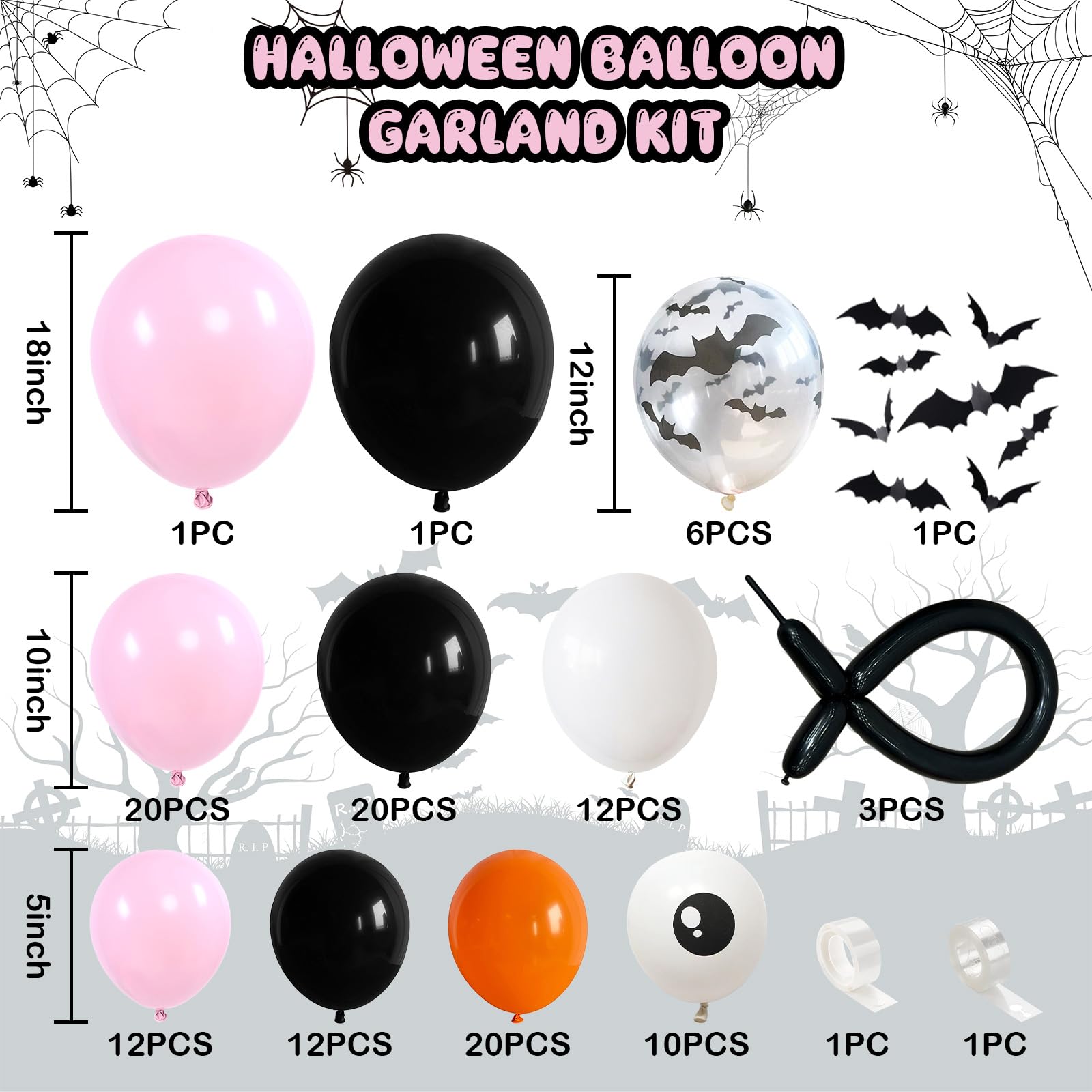 Cute Halloween Balloon Arch Garland Kit, 120pcs Pastel Witch Halloween Balloons with Spider & Bat Decor - Image 2