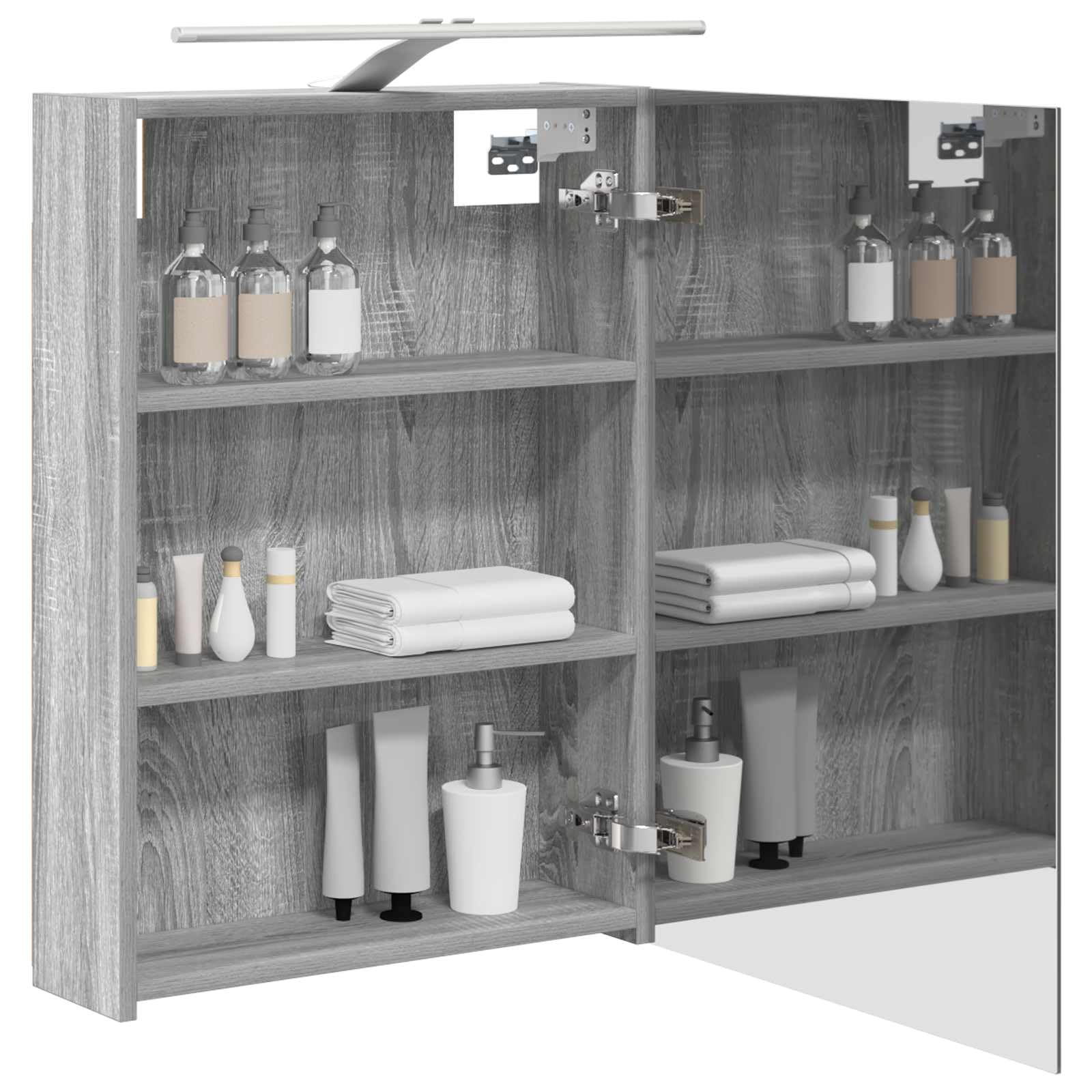 Szafka łazienkowa z lustrem Sonoma szara z materiału drewnopochodnego 50 x 14,5 x 70 cm z paskami LED, dwukierunkowe lustro, montaż na ścianie, 2 półki, drzwi, miejsce do przechowywania szafki
