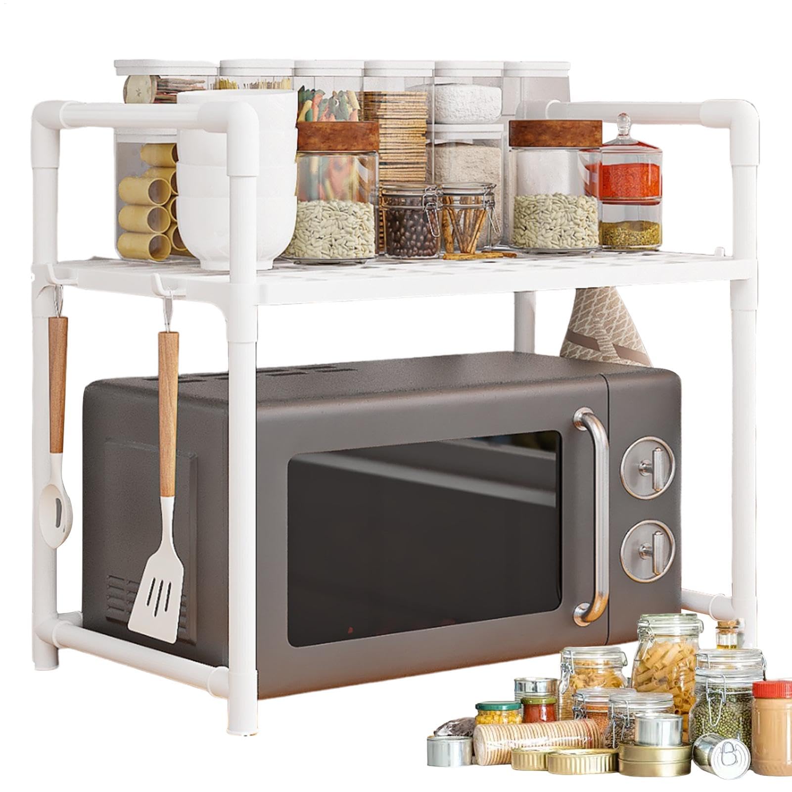 Estante para microondas, estantes de Cocina, Organizador de encimera, Estante de Almacenamiento Ajustable Resistente con Ganchos, estantes de Almacenamiento para ollas y Parrillas para Cocina