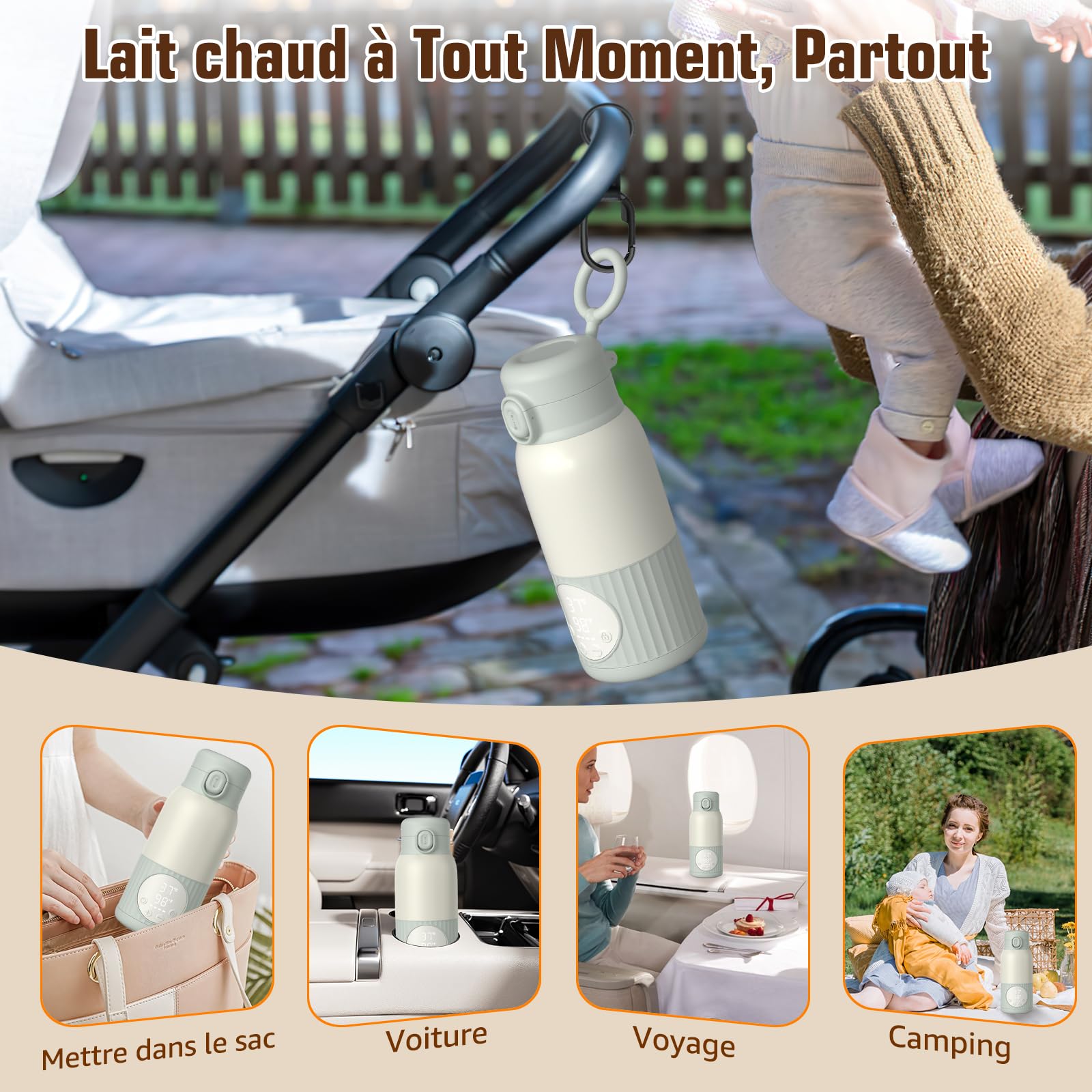 Chauffe Biberon Nomade pour Lait Maternel, Préparation pour Nourrissons ou Eau - Capacité de 385 ml, 100W Chauffage Rapide et Contrôle Précis de la Température Chauffe-Biberon
