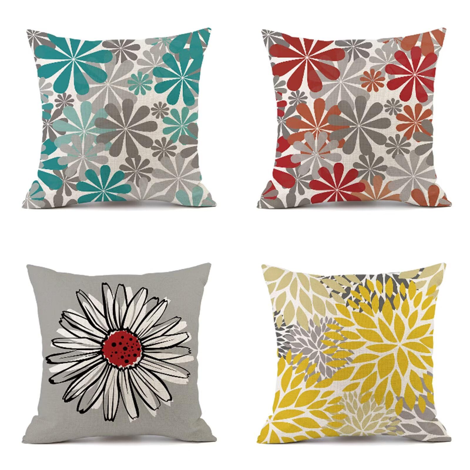 Fundas Cojines 50x50cm, 4 Piezas Pequeña Margarita Fundas Cojines Sofa Decoracion, Plaza Doble Cara Lino Funda Cojines Decorativos para Sala Sofá Estar Dormitorio Regalo, con Cremallera Oculta R-2241