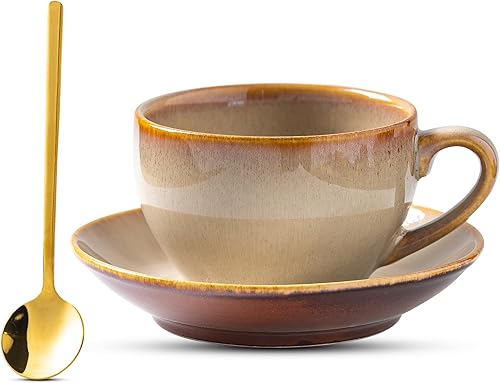 Miniatura 15 de Taza de café de porcelana con platillo y cuchara, diseño vintage de cerámica para arte de latte, taza de capuchino para barista de expreso y té con