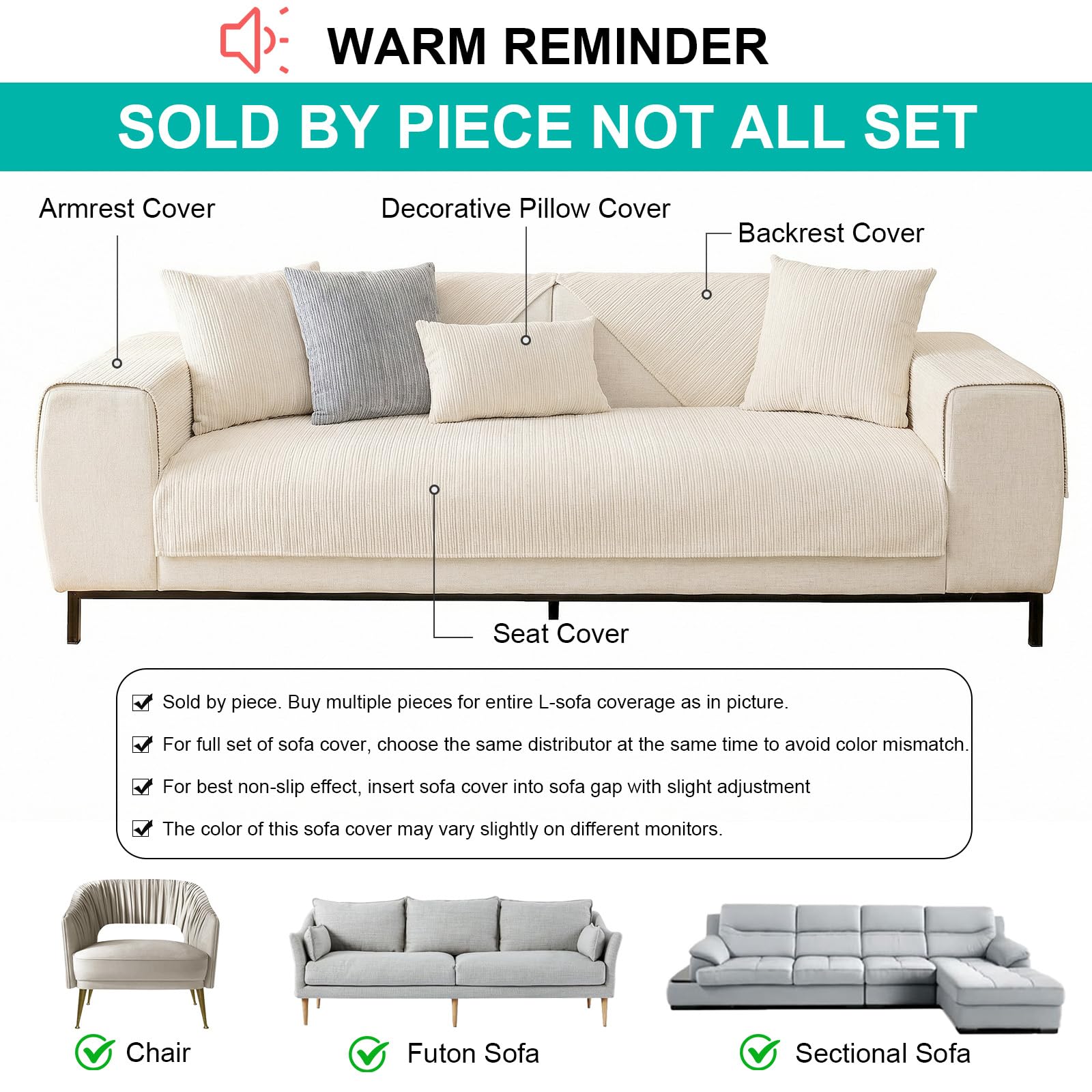 SHANNA Copridivano 3 Posti con Penisola Ciniglia, Nuovo Fodera per Divano Antiscivolo Antimacchia, Telo Copridivano con Braccioli Tessuto Super Morbido Universale (Bianco, 70 x 150cm) - 2