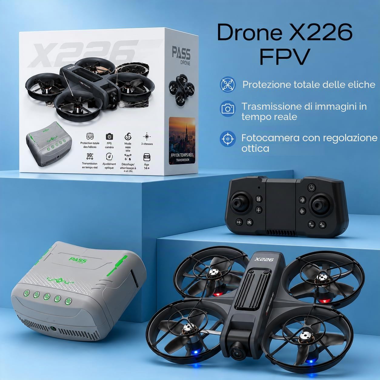 X226 VR Drone FPV con Occhiali VR, Fotocamera 720P, Motore Brushless, Stabilizzazione Ottica, Acrobazie 360°, Modalità Principiante e Doppia Fotocamera