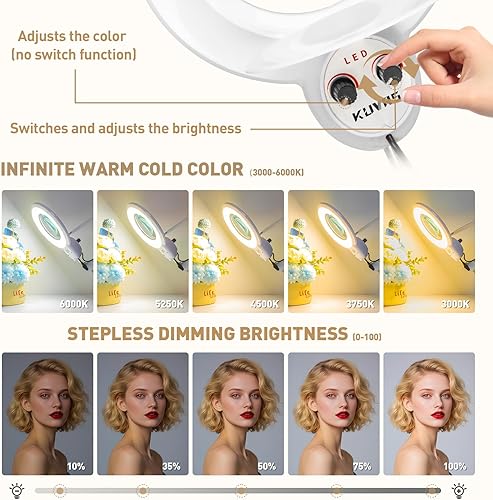 Miniatura 5 de Lupa de 10 veces con luz y soporte, 24 W y 2200 lúmenes, lámpara magnética de atenuación cálida y fría infinita para esteticistas, lámpara de pie