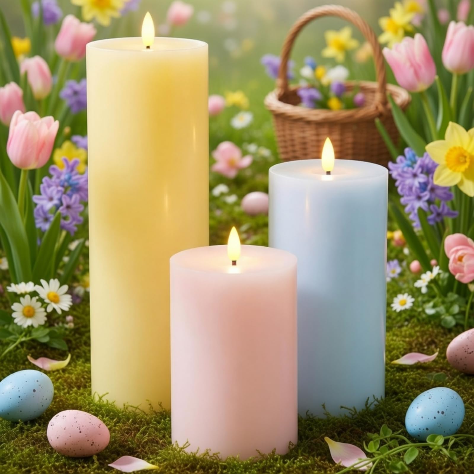 Retisee 3 Pcs Spring Easter Colored Large Flameless LED Battery Operated Candles with Remote Pillar Flameless Flickering Candles for Indoor Outdoor Party Wedding Light Decor(6''/8''/12''x4'')