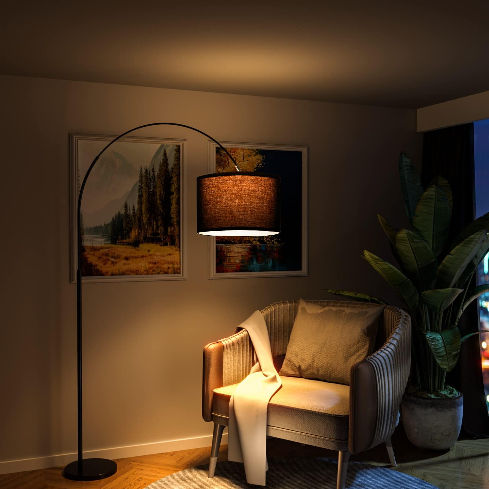 Modlicht Lampadaire Arc JASMIN | Lampe Sur Pied Classique | Ampoule LED E27 9W 3000K incluse | 33cm Abat-jour Noir | Interrupteur au pied | Lampe Arc adaptée pour Chambre, Bureau, Hôtel