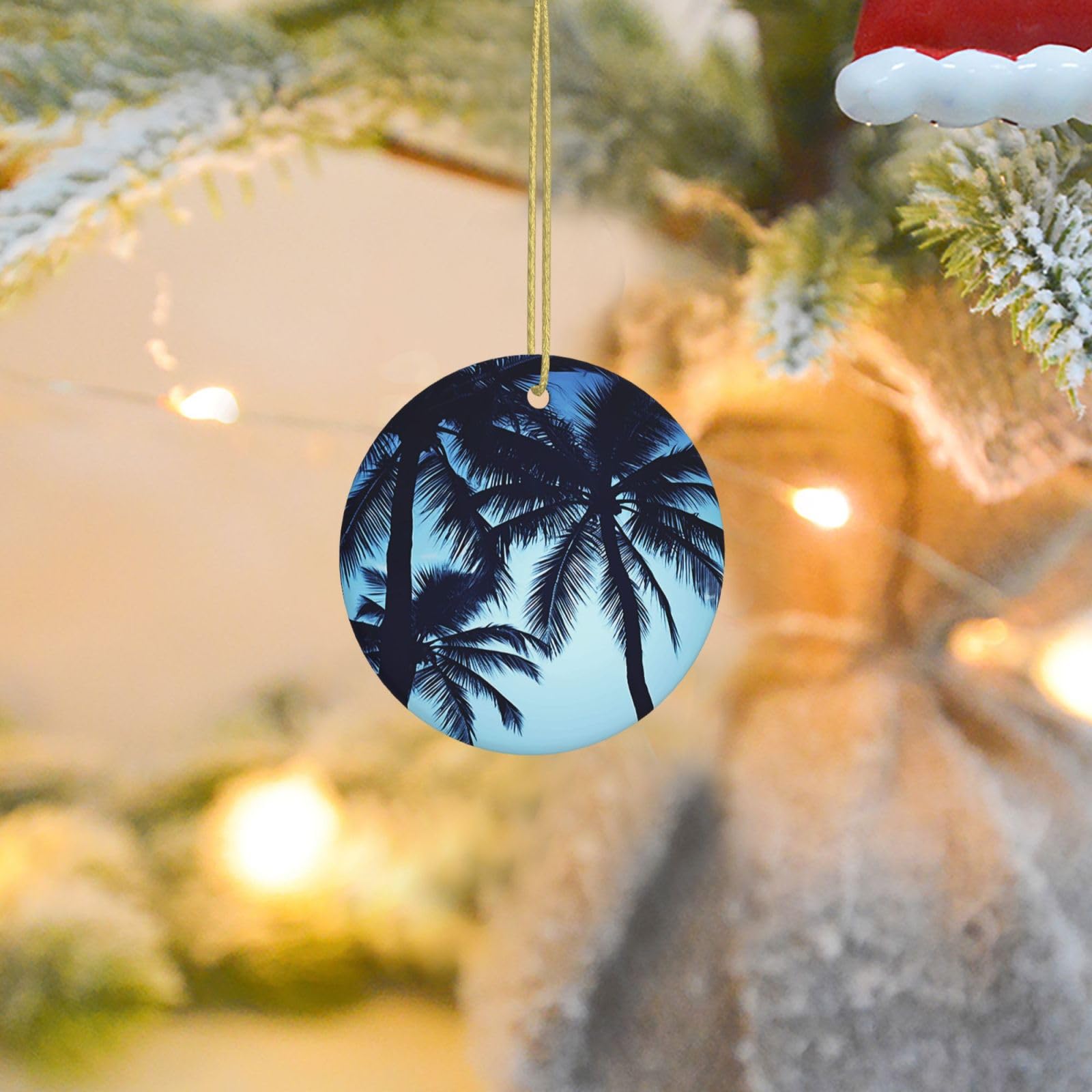Christmas Tree Ornaments Ceramics Christmas Round Decorations Palm Tree Blue Ceramics Ornaments Circle Pentagram Xmas Tree Hanging Pendant for Christmas Tree Party Holiday Home Decor