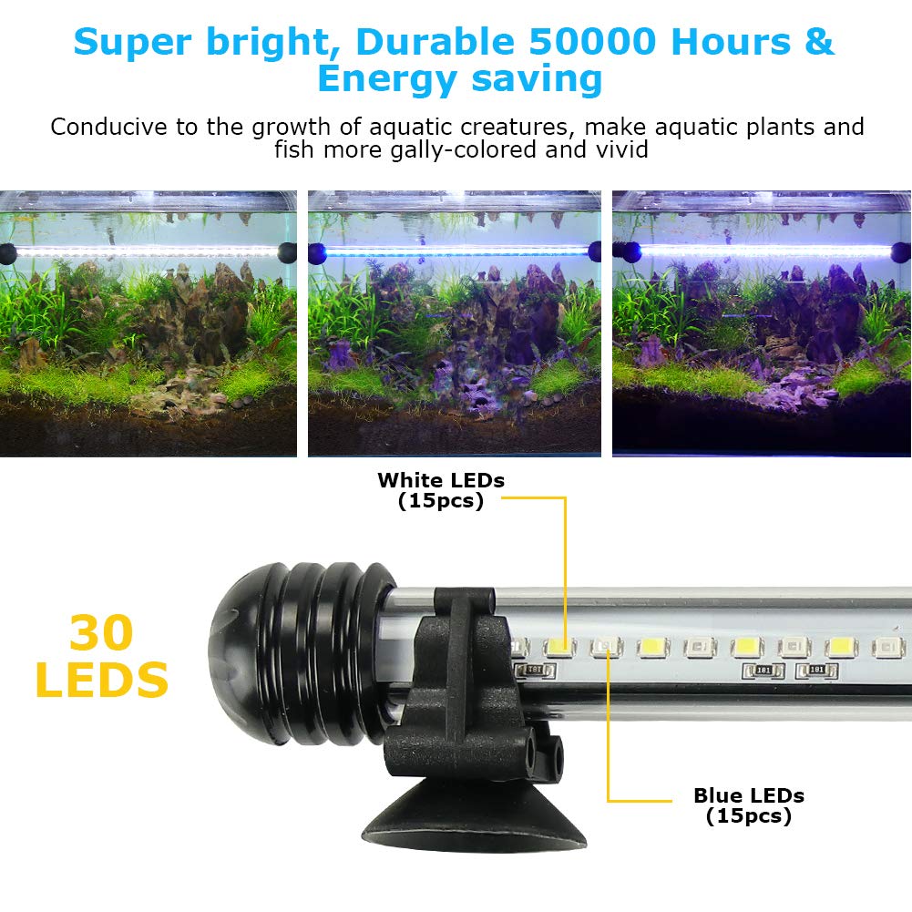 LED Minuterie Éclairage d'aquarium, Lampe Tube Aquarium [Bleue & Blanc Lumière] avec Gradateur intégré, Dimmable 10 niveaux de luminosité IP67 étanche pour Aquariophilie - 2