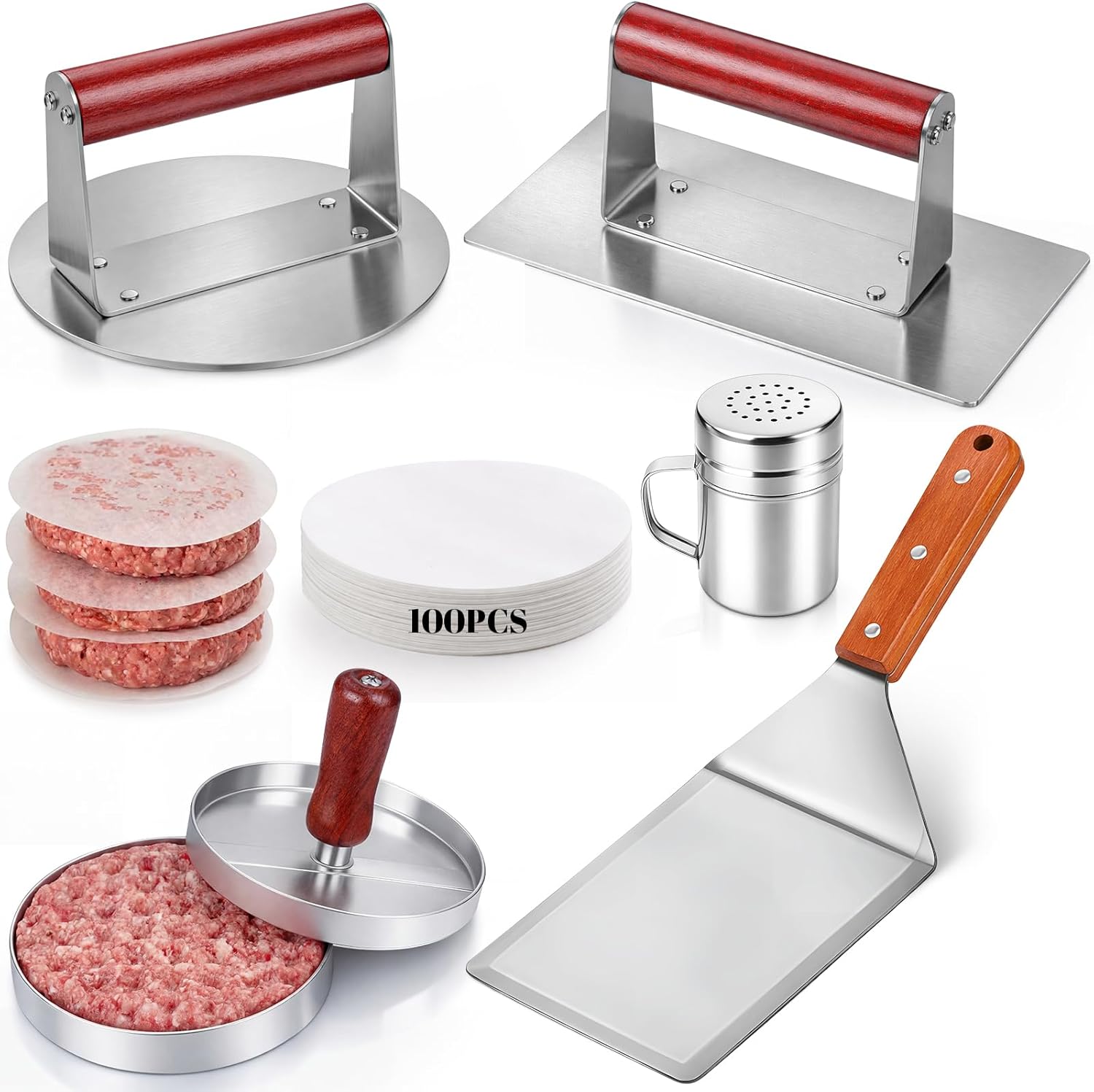 6 Pcs Smash Burger Press Kit 6.3" Round & 8" x 4.3" Rectangle Stainless Steel Meat Press Patty Maker Spatula Seasoning Shaker Patty Paper for Cookout, BBQ, Griddle, Grill(Reddish Brown)