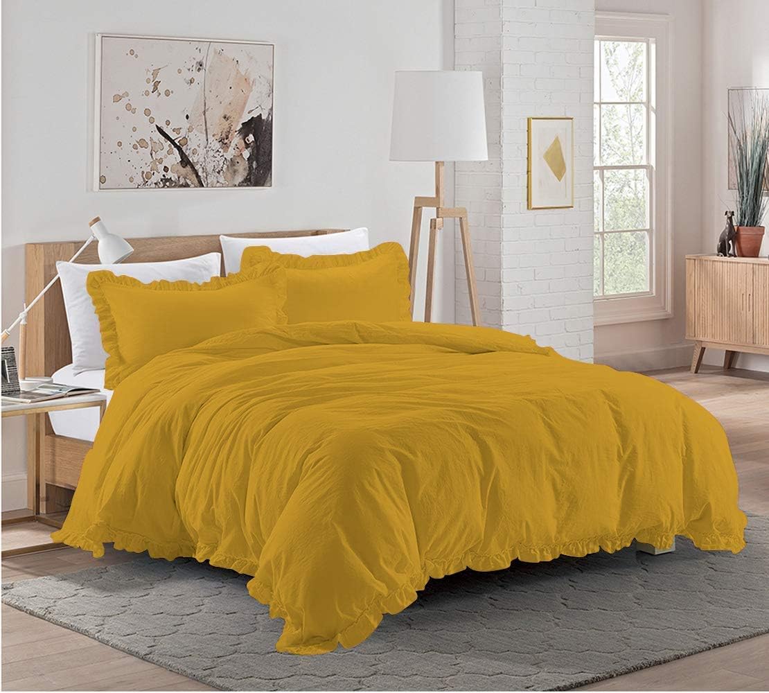 3 Piece Mustard Yellow Edge Ruffle Frilled Duvet Cover Set (Duvet Cover + 2 Pillowcases) Oversized Queen 98'' x 98'' Button Closure Corner Ties