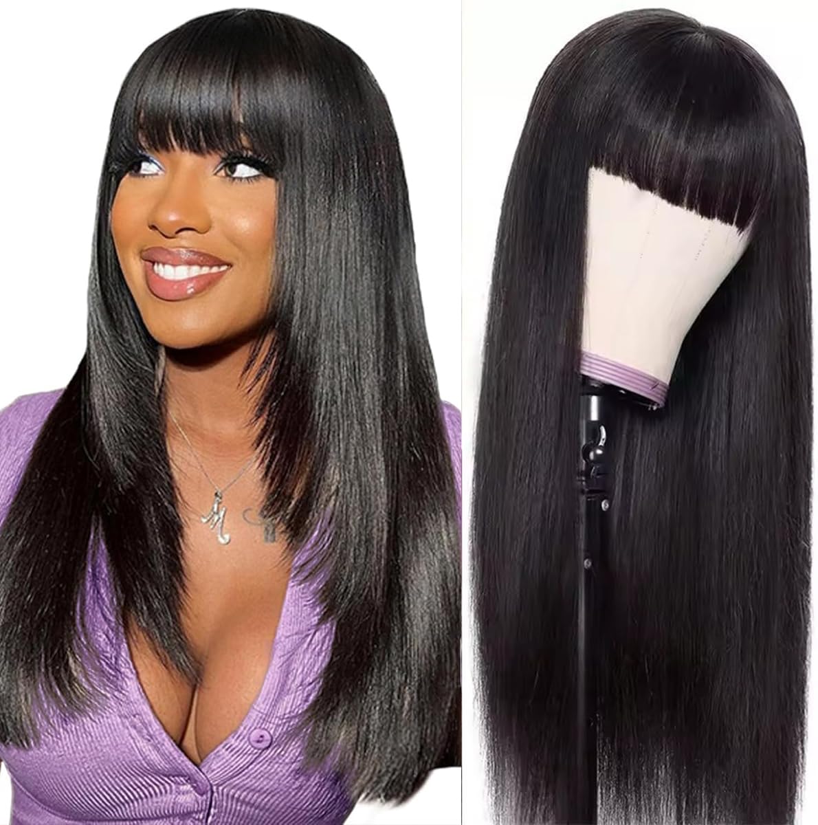 Human Hair Wigs with Bangs Straight Glueless Wig Machine Made Brazilian Virgin Wear and Go No Lace Front Hair Wigs for Black Women 16 Inch