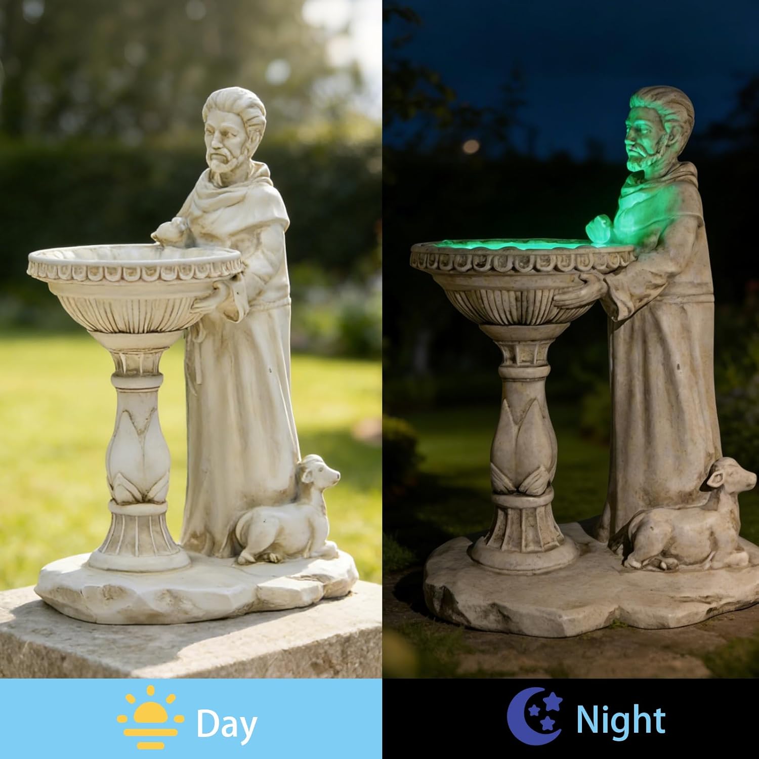St Francis Garden Statue Outdoor Solar Garden Decor Resin Colorful Lights St Francis Statue with Bird Bath Feeder for Yard Patio Lawn Decoration Religious Gardening Gifts 4.5 * 6.5 * 10.5 in