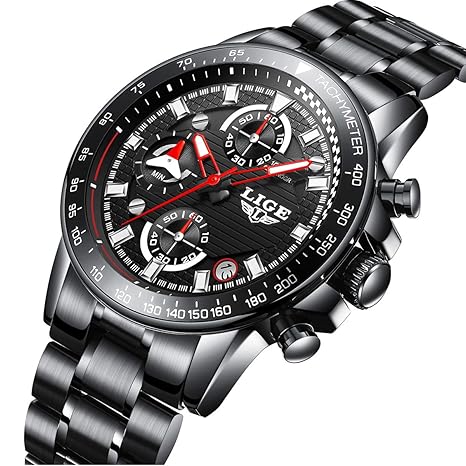 Dayllon Mens Black Watch Business Stainless Steel Quartz Analog Wrist Chronograph Waterproof Sports Watches for Men