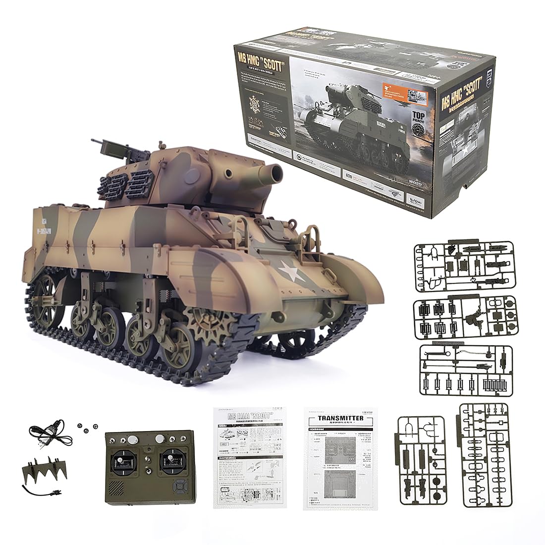 Czołg RC dla dorosłych, skala 1/16, 2,4 G, samobieżna haubica M8, model czołgu RC z dźwiękiem i światłami, dym teleskopowy, tryby podwójnej prędkości (wersja RTR/żółty kamuflaż)